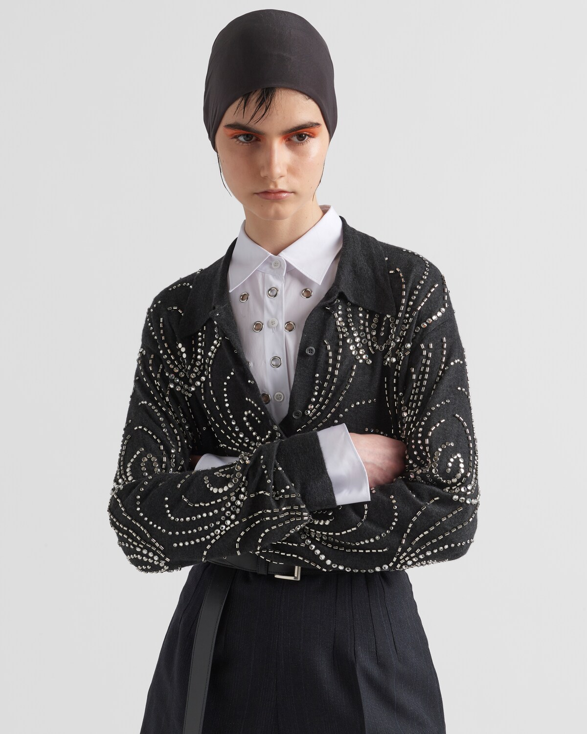 Anthracite Gray Cashmere Polo Shirt With Embroidery PRADA