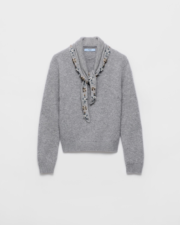 Cashmere crew-neck sweater with scarf - Grey Cashmere crew-neck sweater with scarf - Grey
