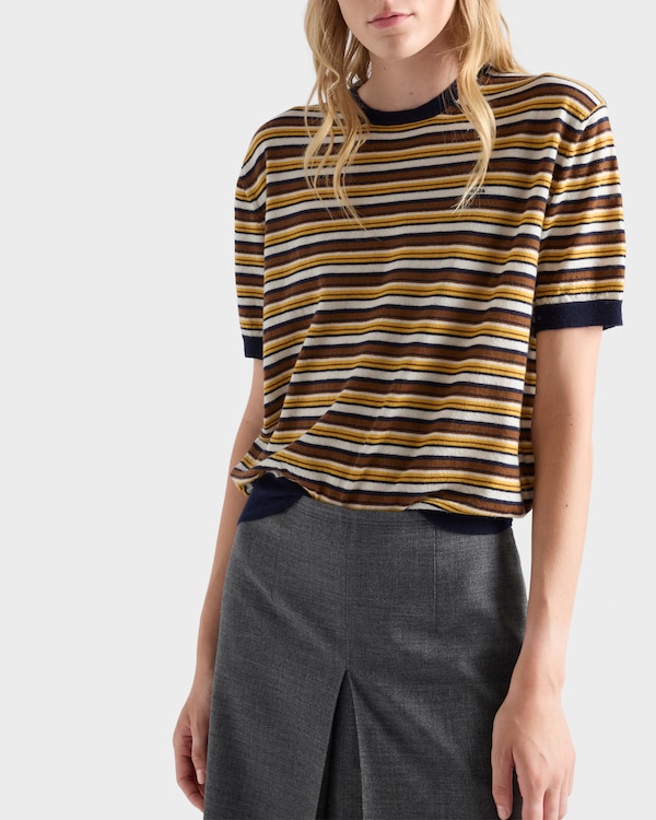 Short-sleeved striped cashmere sweater - Azul/Beige Short-sleeved striped cashmere sweater - Azul/Beige