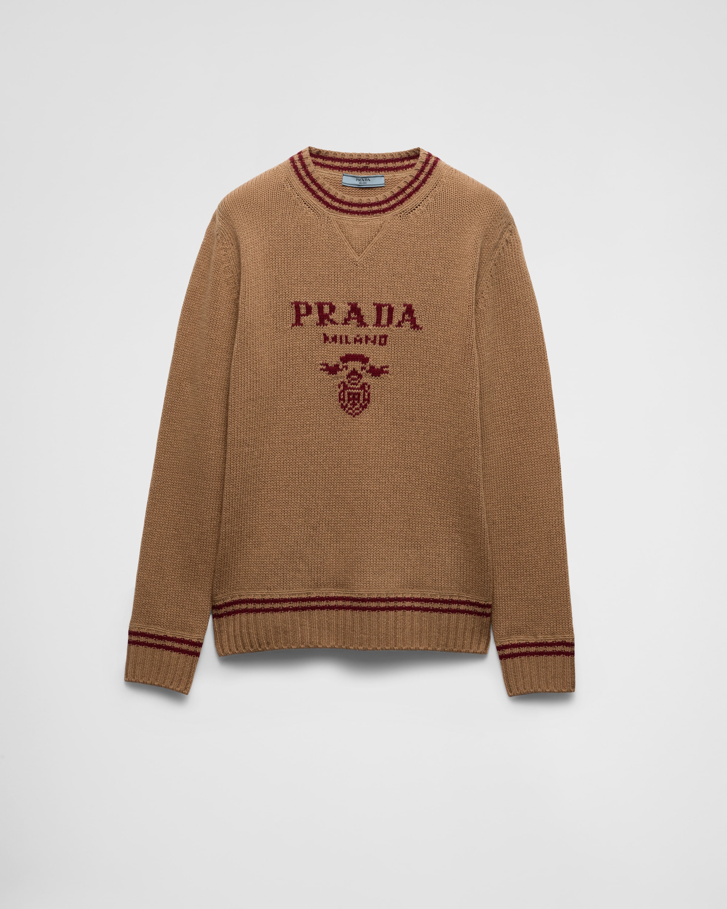 Camel/Amaranth Wool and cashmere crew-neck sweater | PRADA