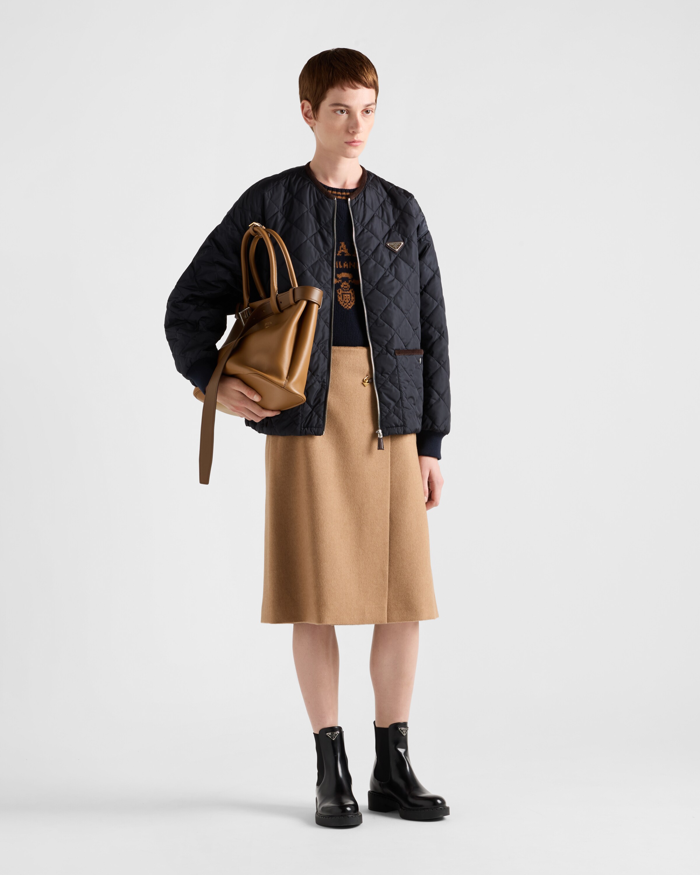 Prada Blue Cashmere Blend Sweater With Logo In Blau+tabak