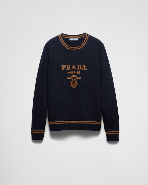 グレー PRADAロゴ カシミヤxウール クルーネック セーター | PRADA
