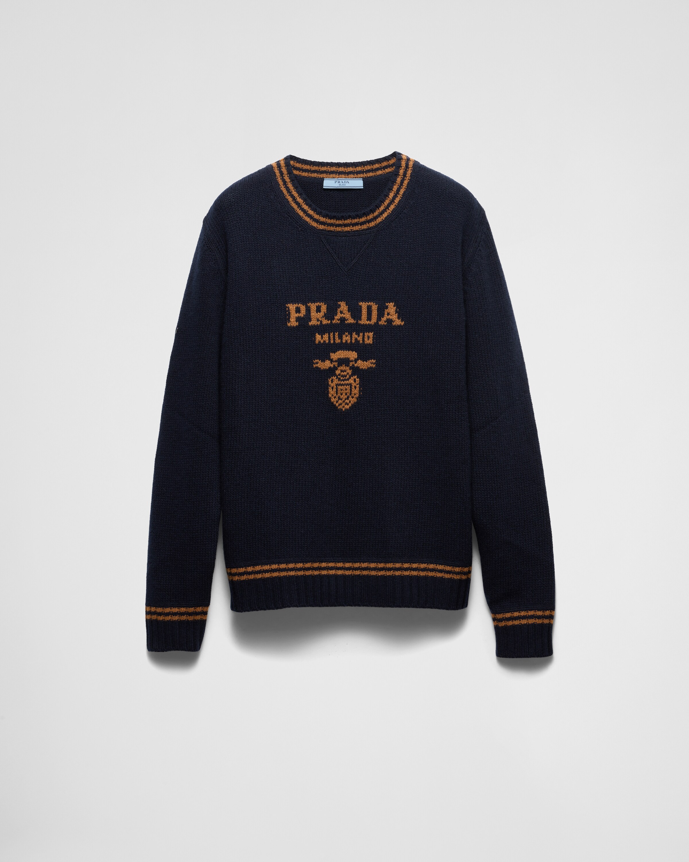 Prada Wool And Cashmere Crew-neck Sweater, Woman, Blue/tobacco, Size 36