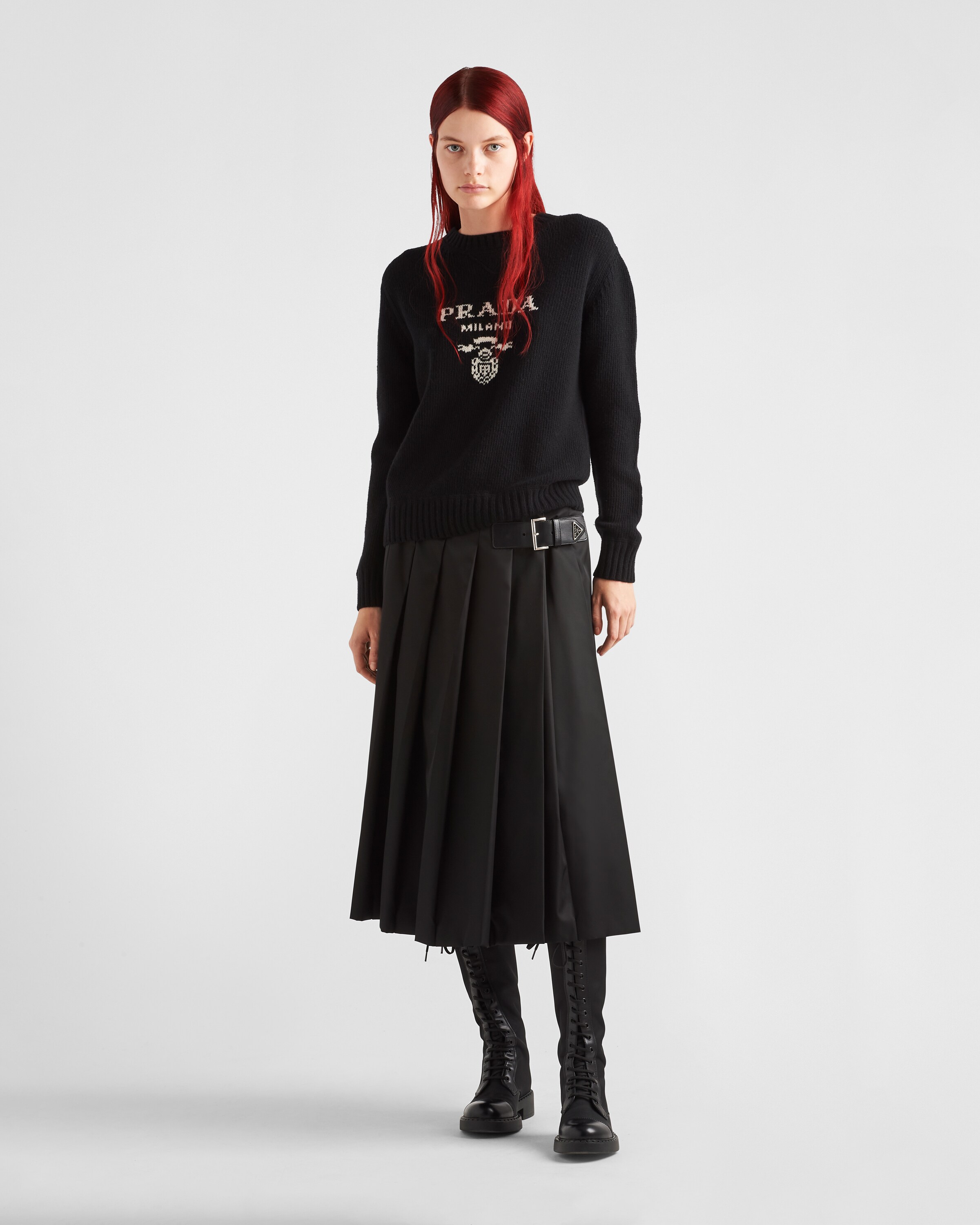 ブラック PRADAロゴ カシミアxウール クルーネック セーター | Prada