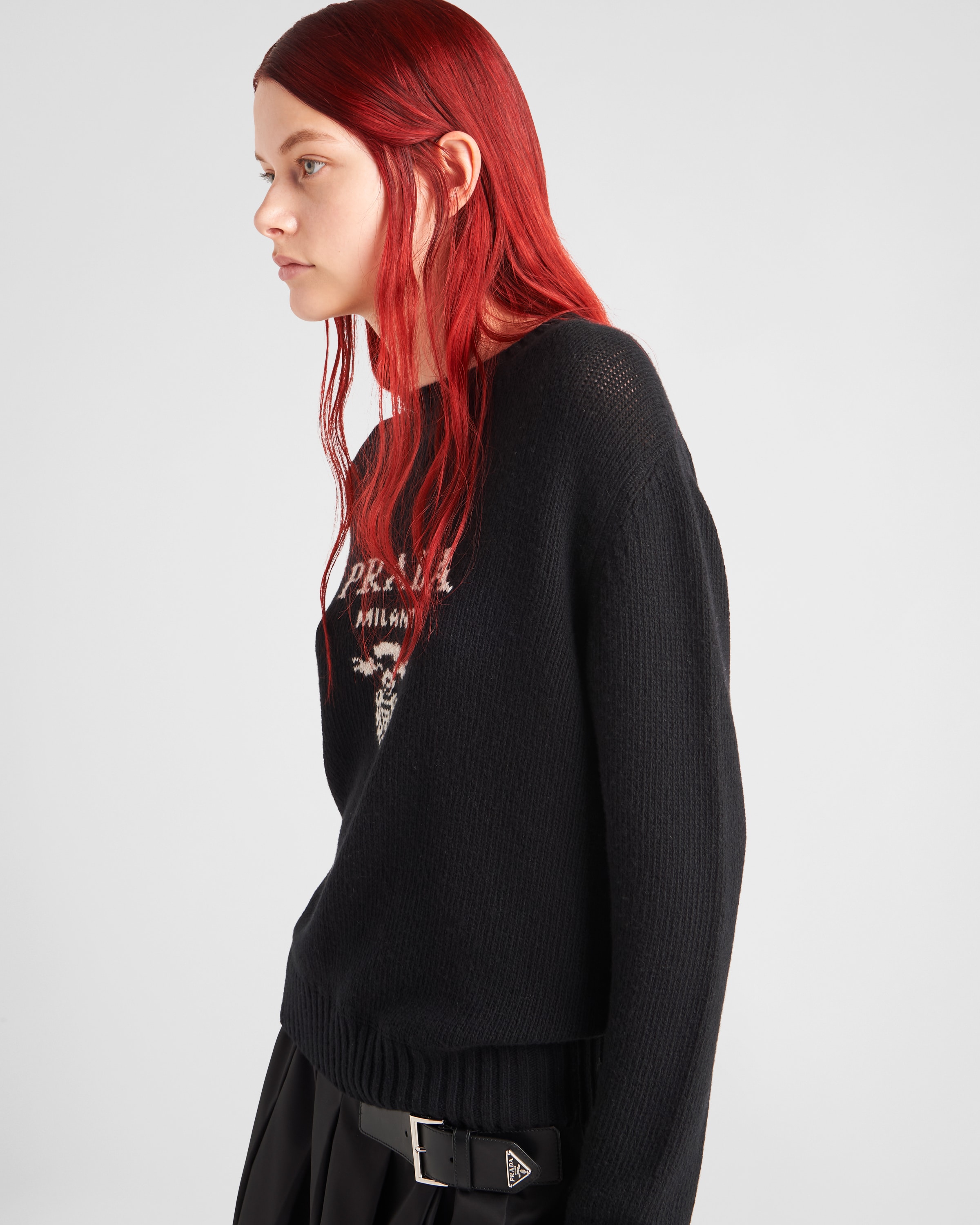 Shop Prada Cashmere And Wool  Logo Crew-neck Sweater In Black