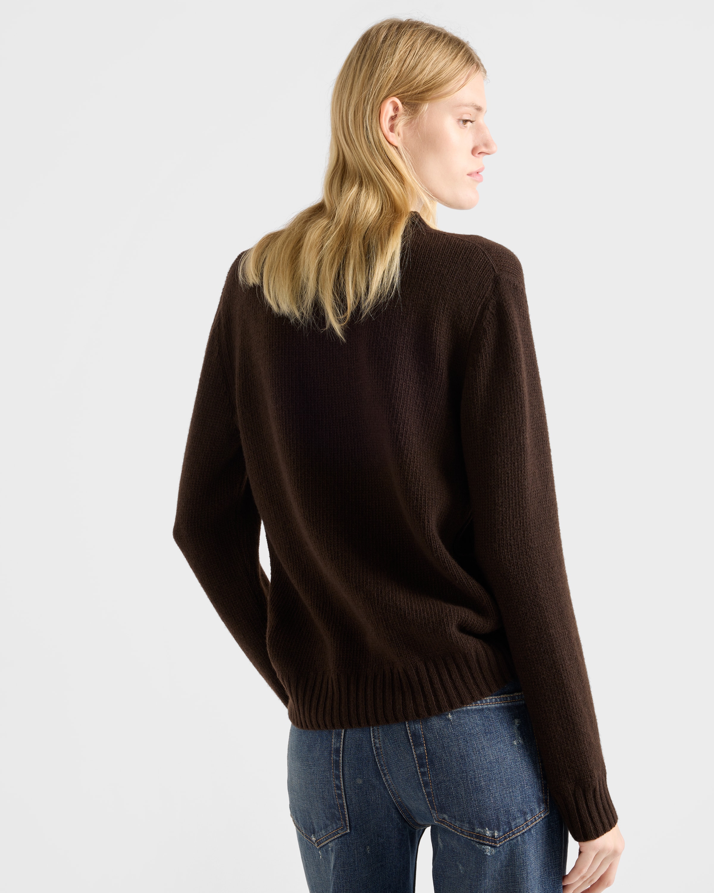 ダークブラウン ロゴ カシミヤ ウール クルーネック セーター | PRADA