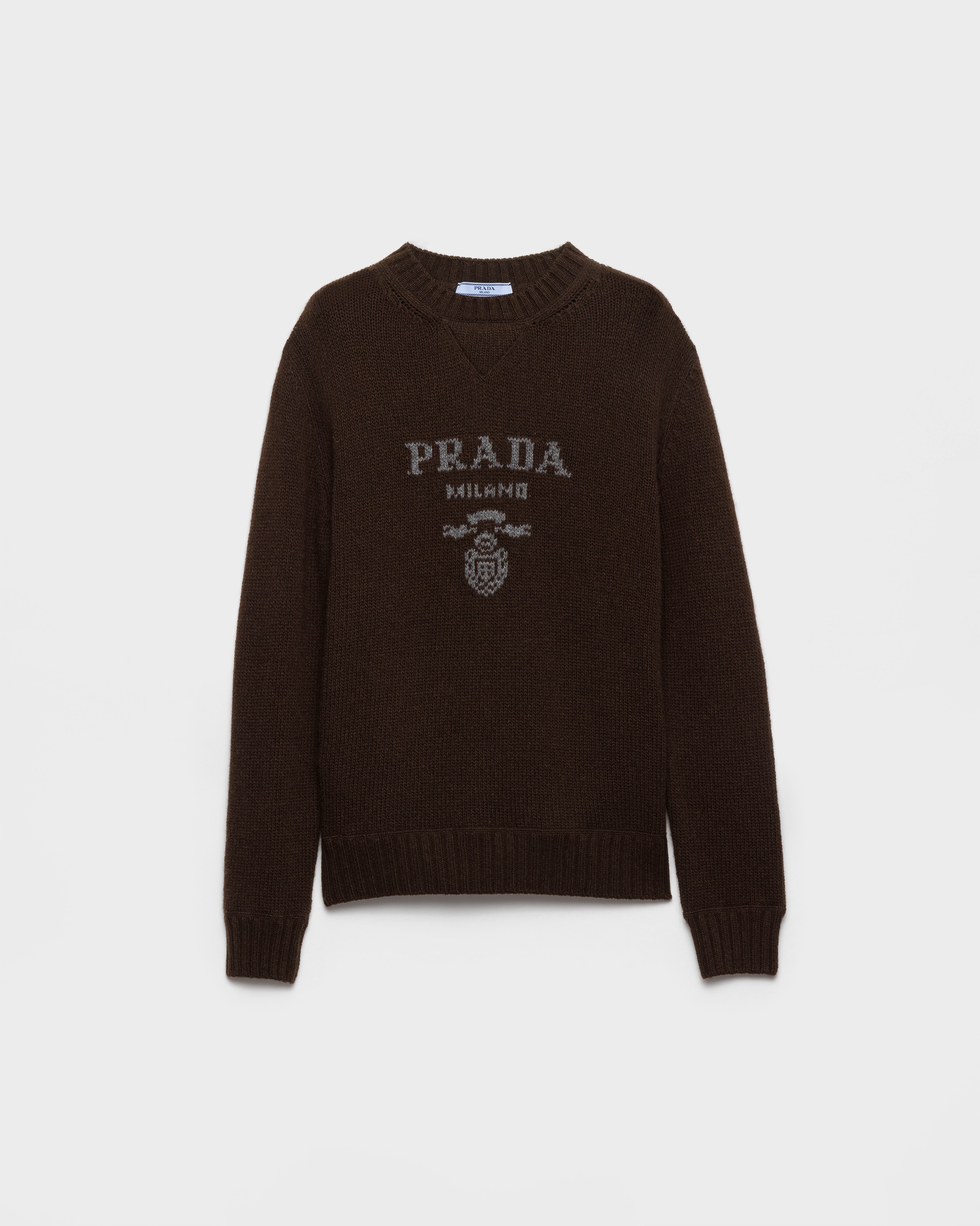 Dark Brown Cashmere And Wool Prada Logo Crew-neck Sweater | PRADA