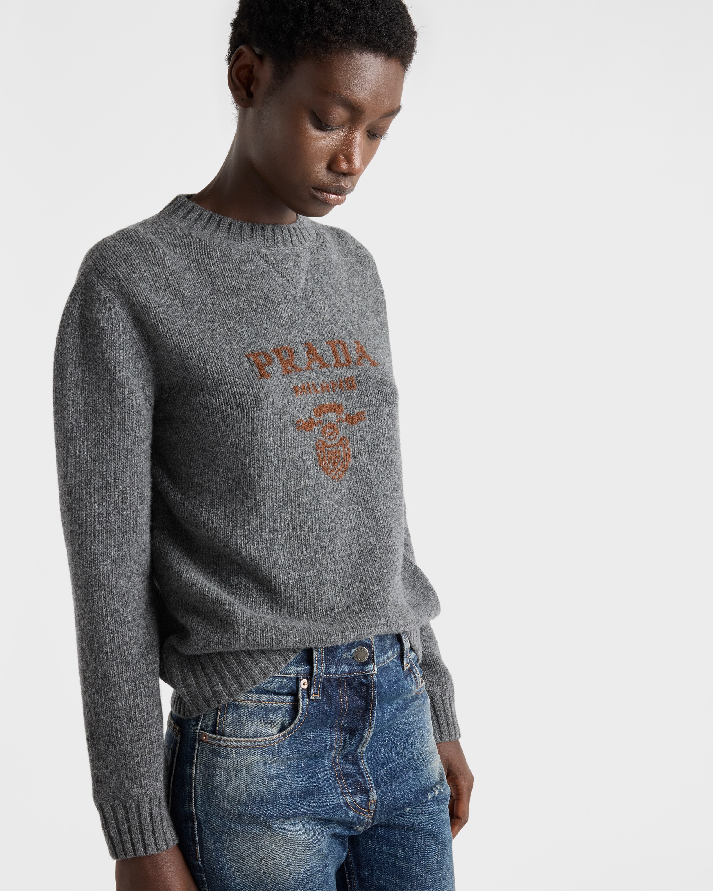 Slate Gray Cashmere And Wool Prada Logo Crew-neck Sweater | PRADA