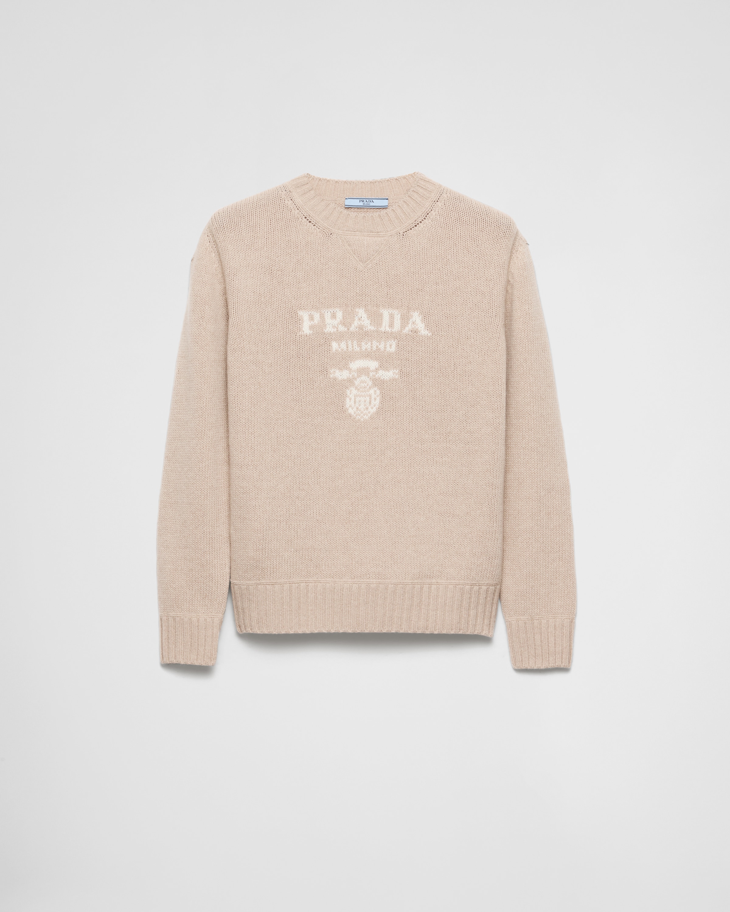 Prada Pull À Col Rond Et Logo En Laine, Cachemire, Femme, Beige Désert, Taille 40