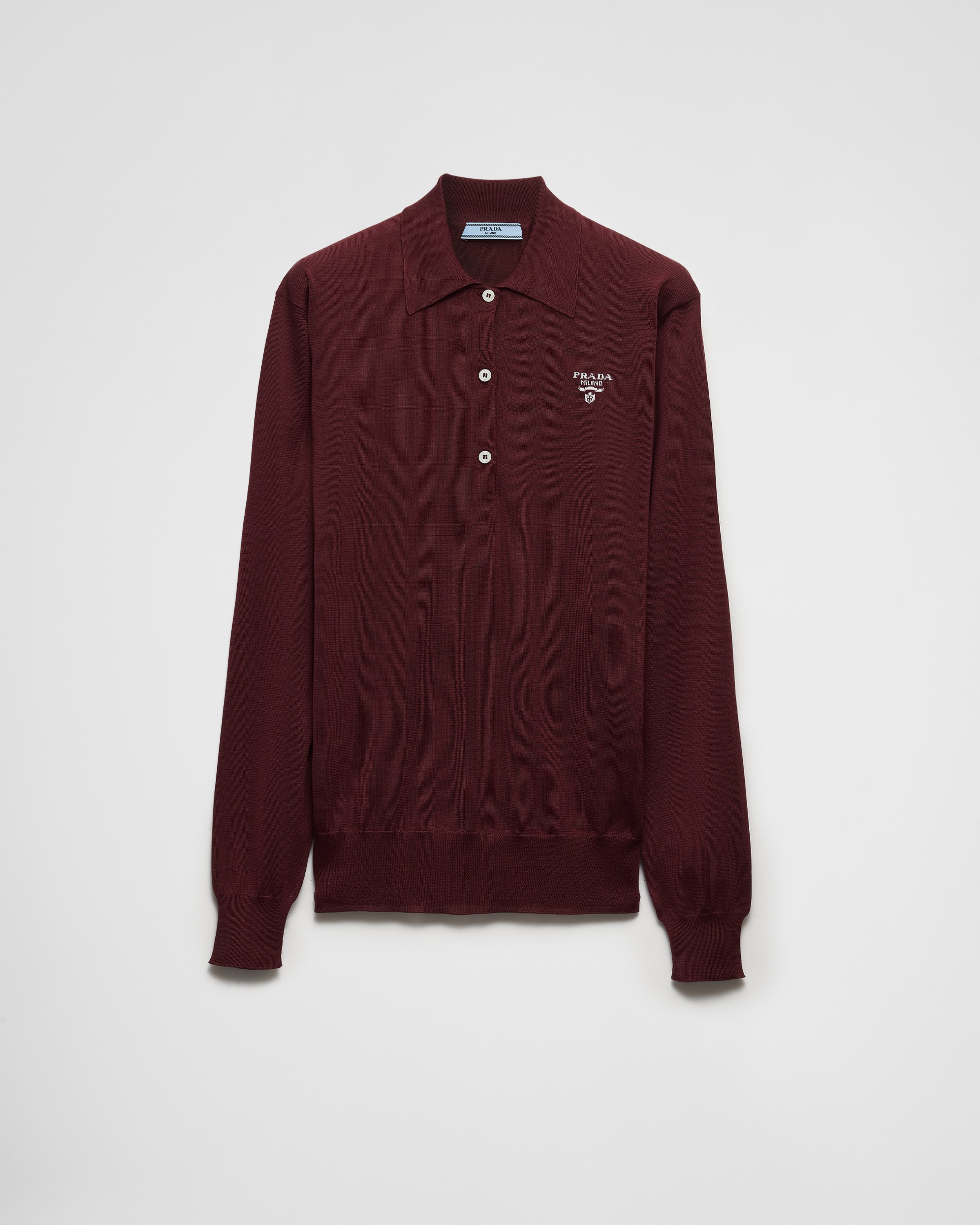 Shop Prada Long-sleeved Silk Polo Shirt In Amaranth Red/maize Yellow