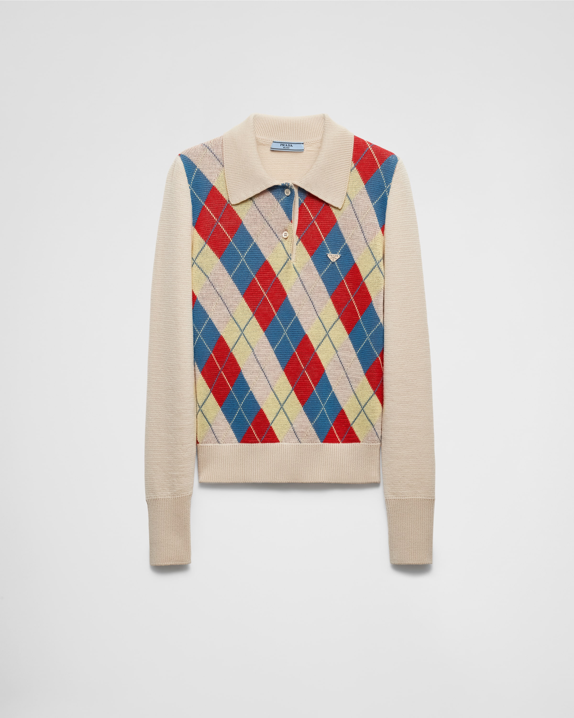 Shop Prada Poloshirt Aus Wollstrick Mit Argyle-muster In Sandbeige