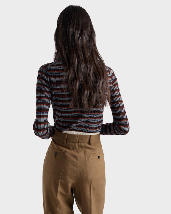 Striped cashmere and silk polo shirt - Dark Brown/Cloud Striped cashmere and silk polo shirt - Dark Brown/Cloud