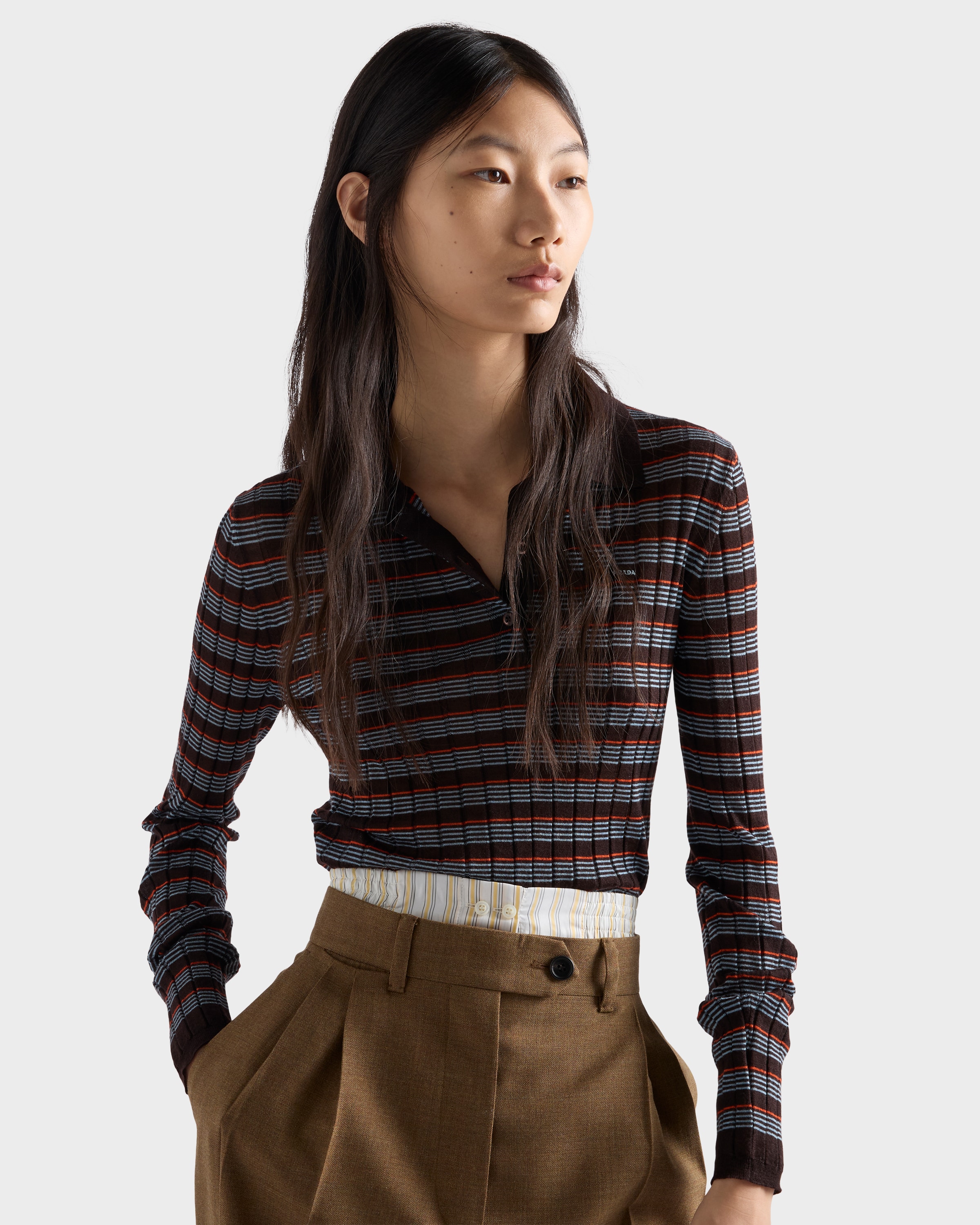 Dark Brown/cloud Striped Cashmere And Silk Polo Shirt | PRADA