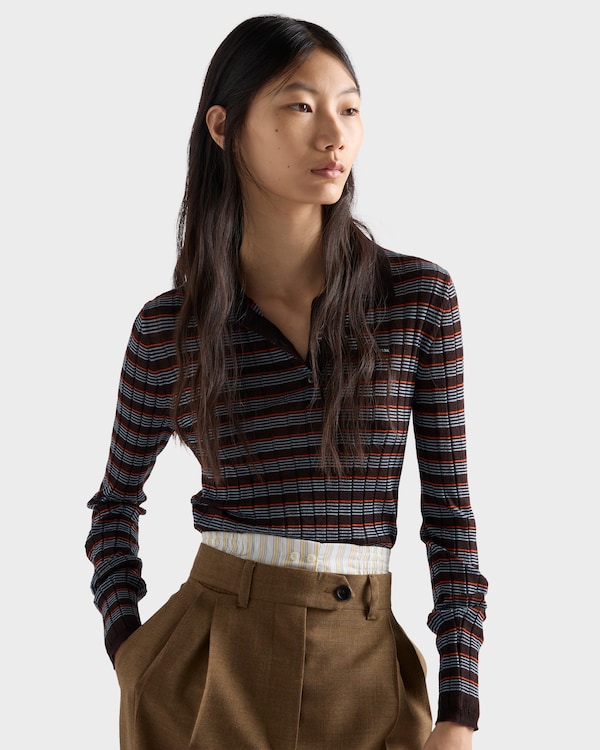 Striped cashmere and silk polo shirt - Dark Brown/Cloud Striped cashmere and silk polo shirt - Dark Brown/Cloud