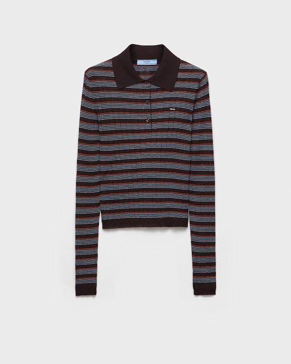 Striped cashmere and silk polo shirt - Dark Brown/Cloud Striped cashmere and silk polo shirt - Dark Brown/Cloud
