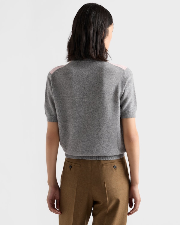 Short-sleeved argyle cashmere sweater - Gray/Camel Short-sleeved argyle cashmere sweater - Gray/Camel