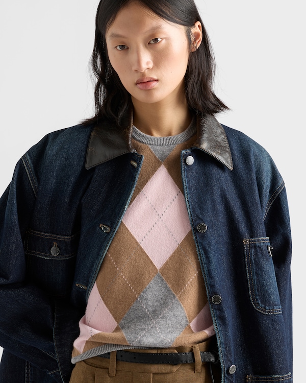 Short-sleeved argyle cashmere sweater - Gray/Camel Short-sleeved argyle cashmere sweater - Gray/Camel