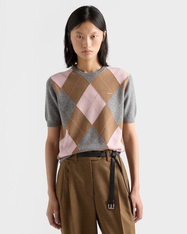 Short-sleeved argyle cashmere sweater - Gray/Camel Short-sleeved argyle cashmere sweater - Gray/Camel