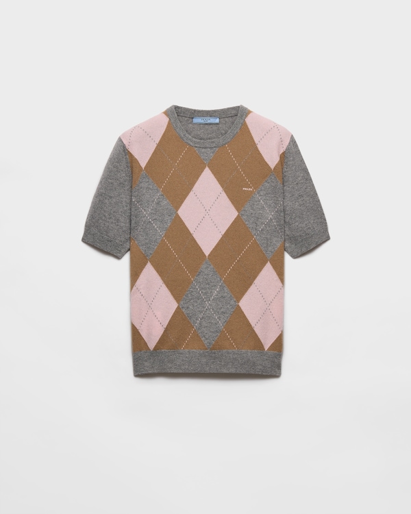 Short-sleeved argyle cashmere sweater - Gray/Camel Short-sleeved argyle cashmere sweater - Gray/Camel