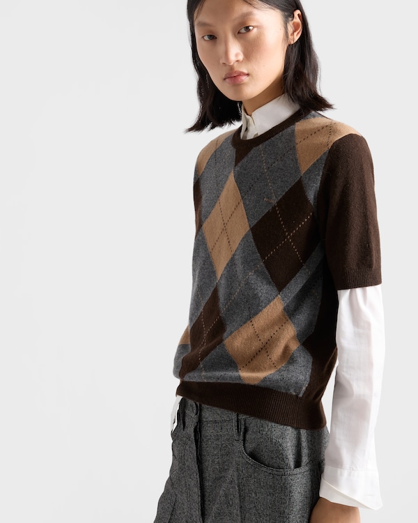Short-sleeved argyle cashmere sweater - Dark Brown/Slate Short-sleeved argyle cashmere sweater - Dark Brown/Slate