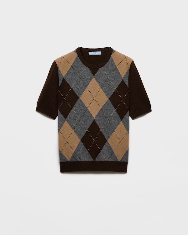 Short-sleeved argyle cashmere sweater - Dark Brown/Slate Short-sleeved argyle cashmere sweater - Dark Brown/Slate