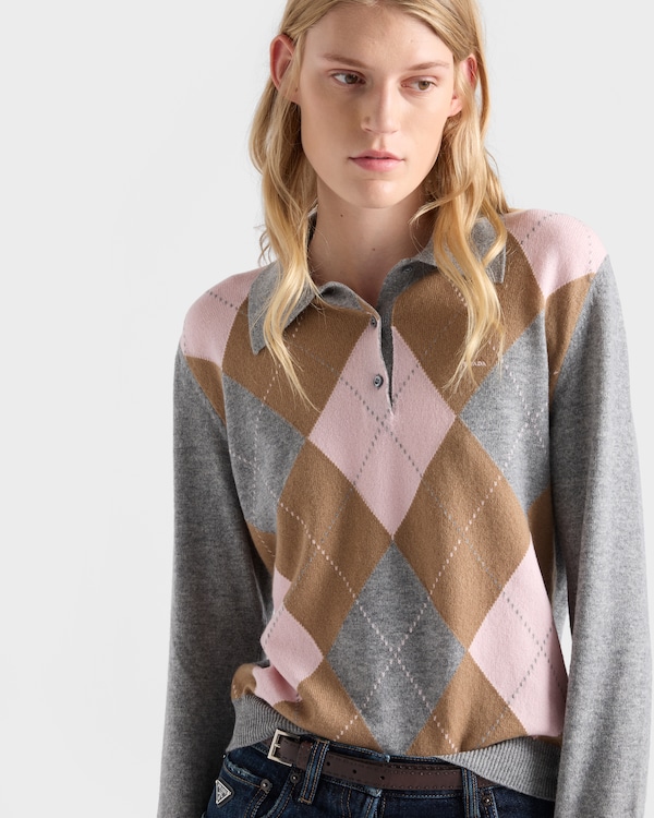 Argyle cashmere polo sweater - 灰/驼色 Argyle cashmere polo sweater - 灰/驼色