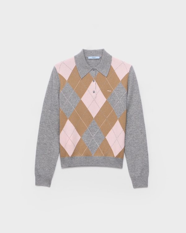 Argyle cashmere polo sweater - 灰/驼色 Argyle cashmere polo sweater - 灰/驼色