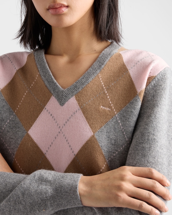 Argyle cashmere V-neck sweater - Gray/Camel Argyle cashmere V-neck sweater - Gray/Camel
