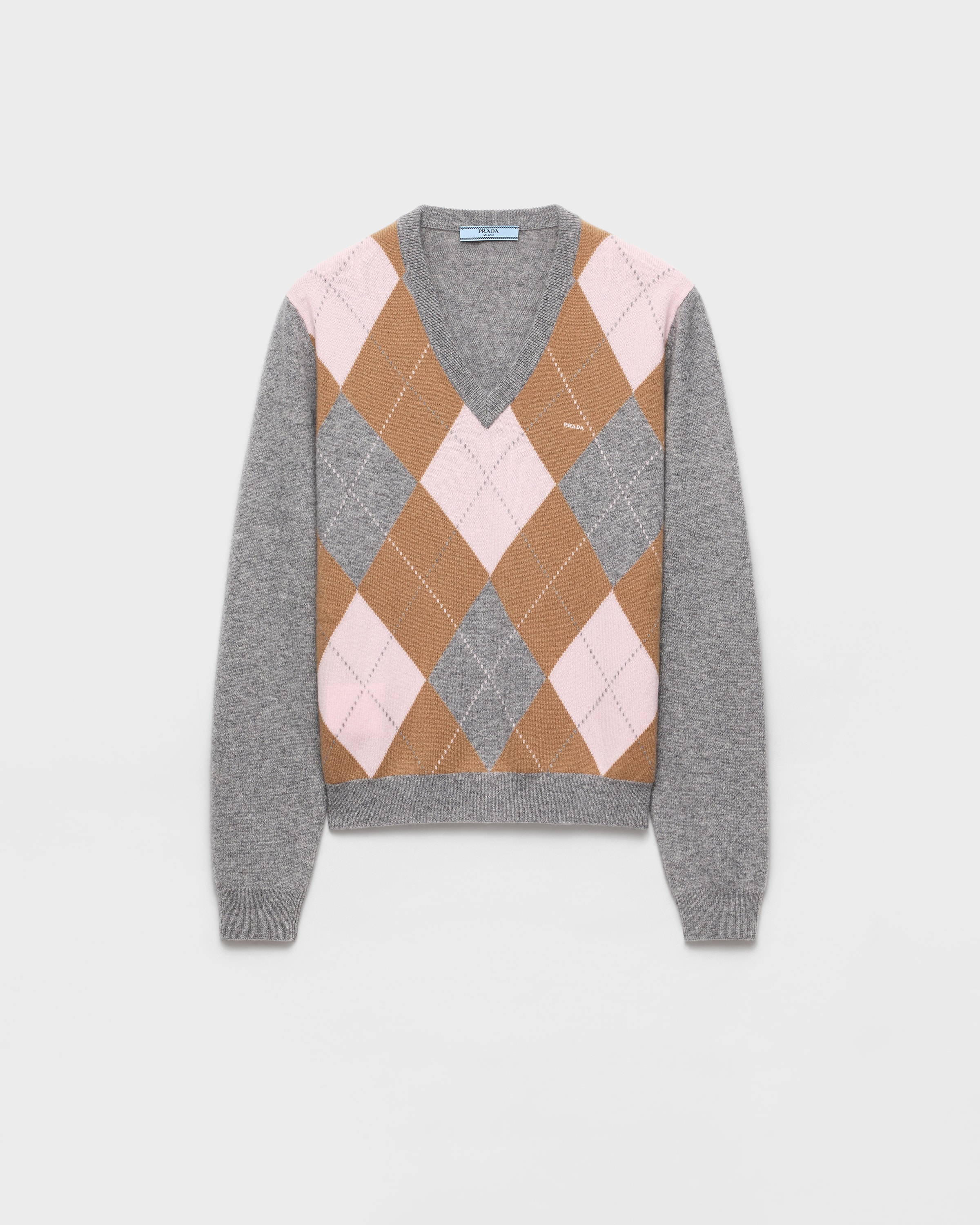 Gray/camel Argyle Cashmere V-neck Sweater | PRADA - Finland