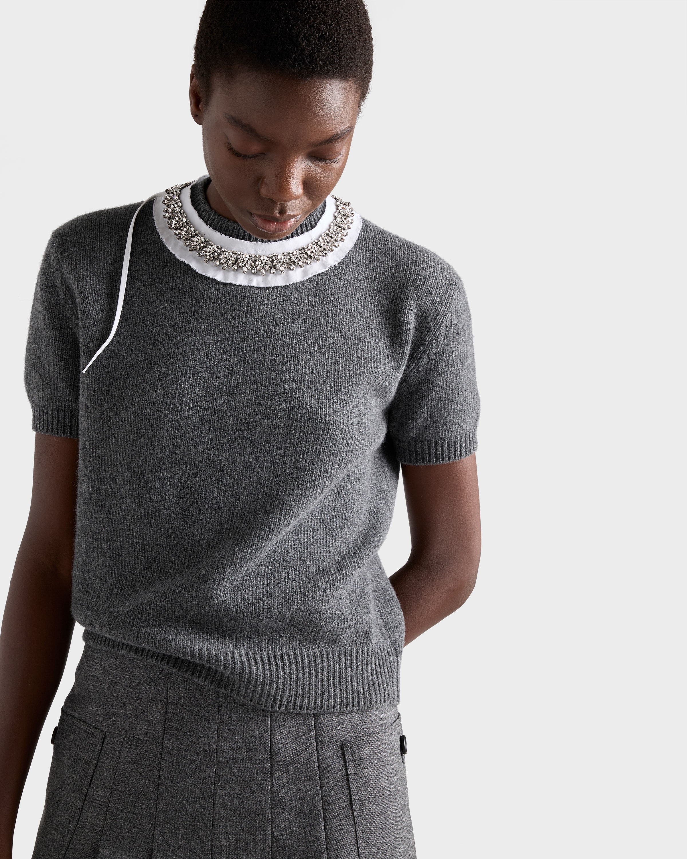 Slate Gray Short-sleeved Wool And Cashmere Sweater | PRADA