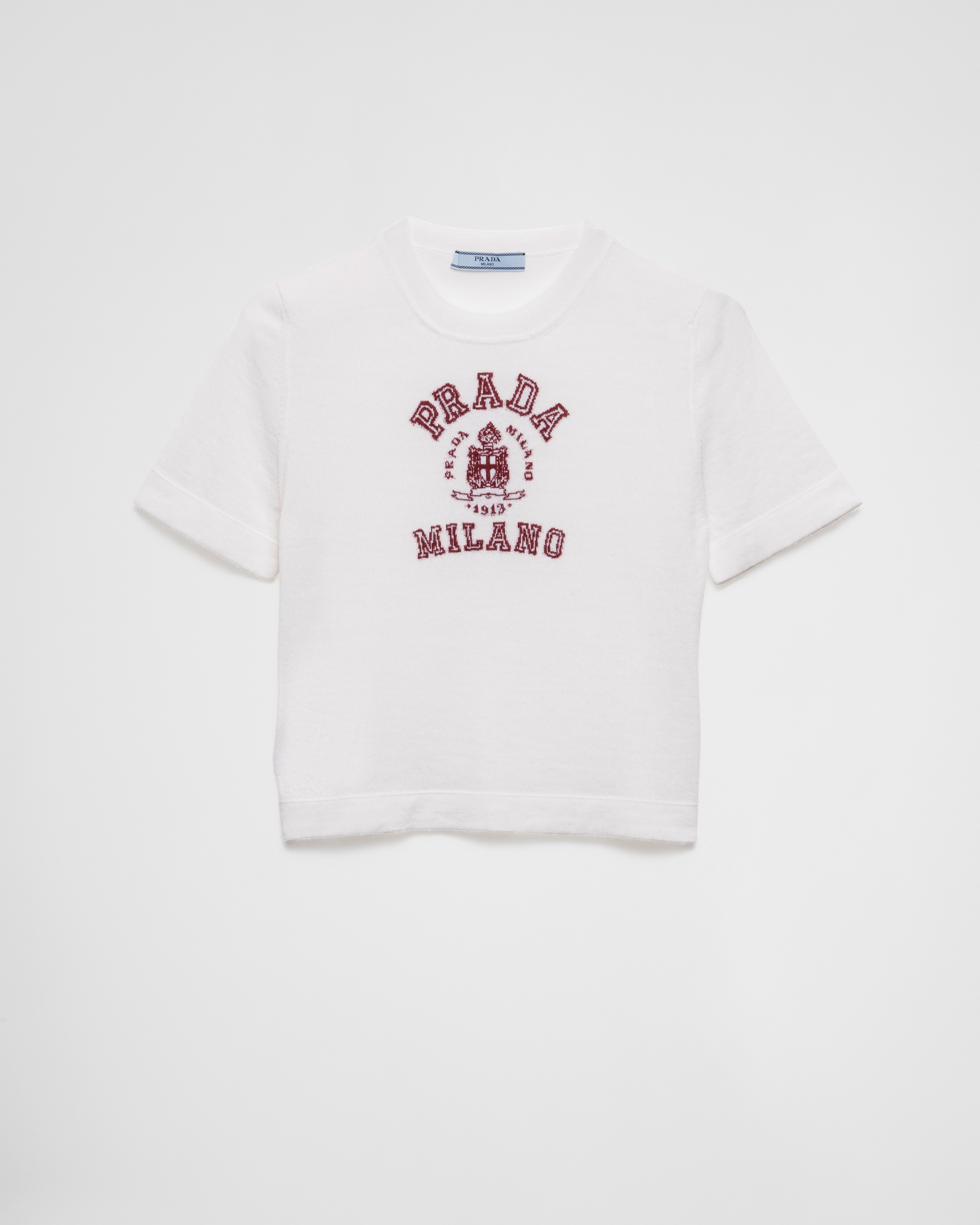 Prada Cashmere Intarsia T-shirt In White/burgundy