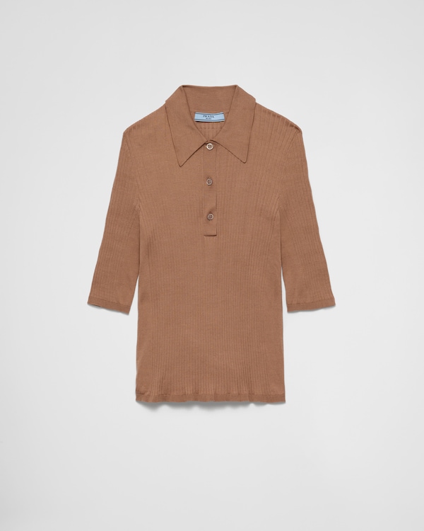 Camel Brown Striped cotton polo shirt | PRADA