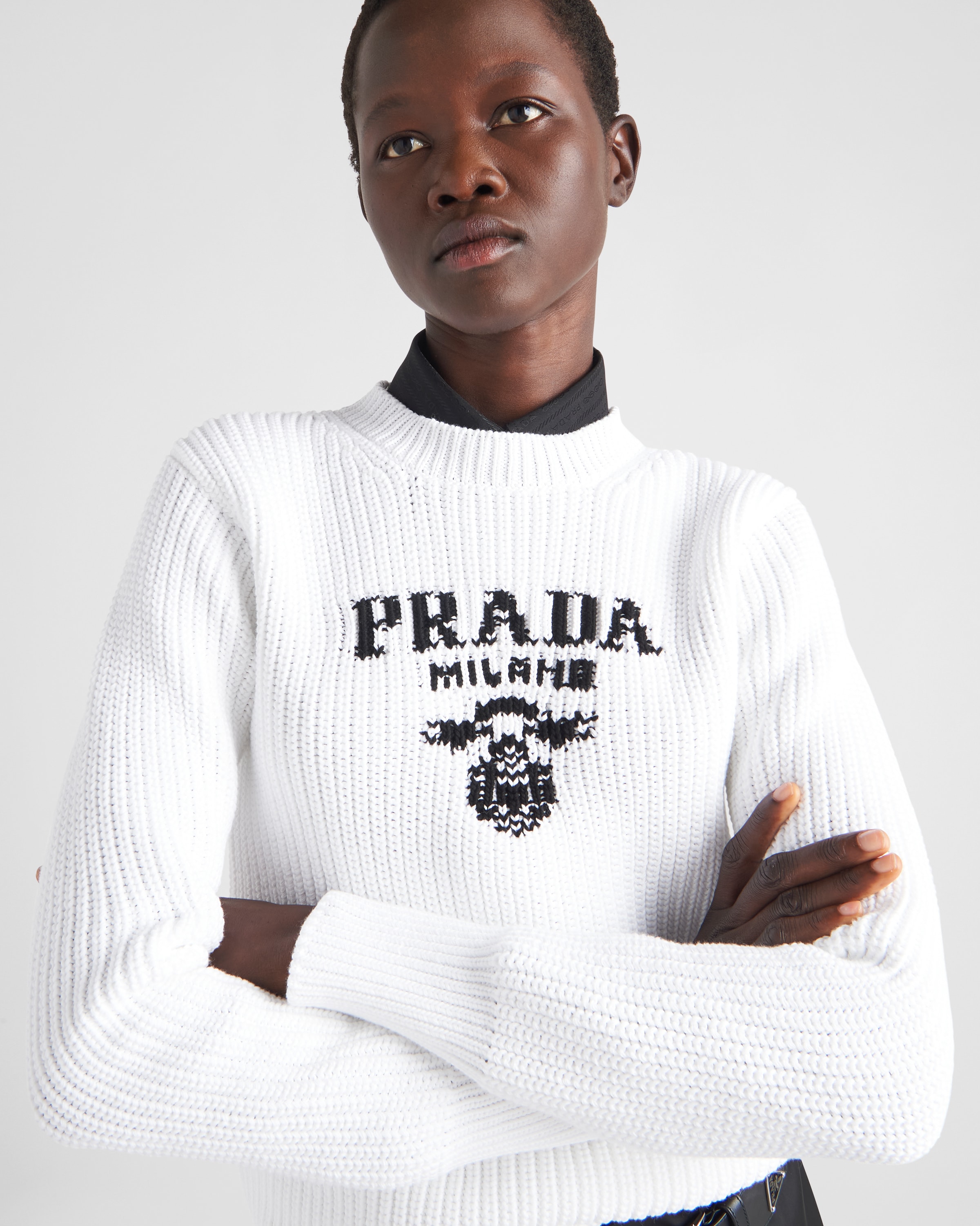 White Cotton crew-neck sweater | Prada