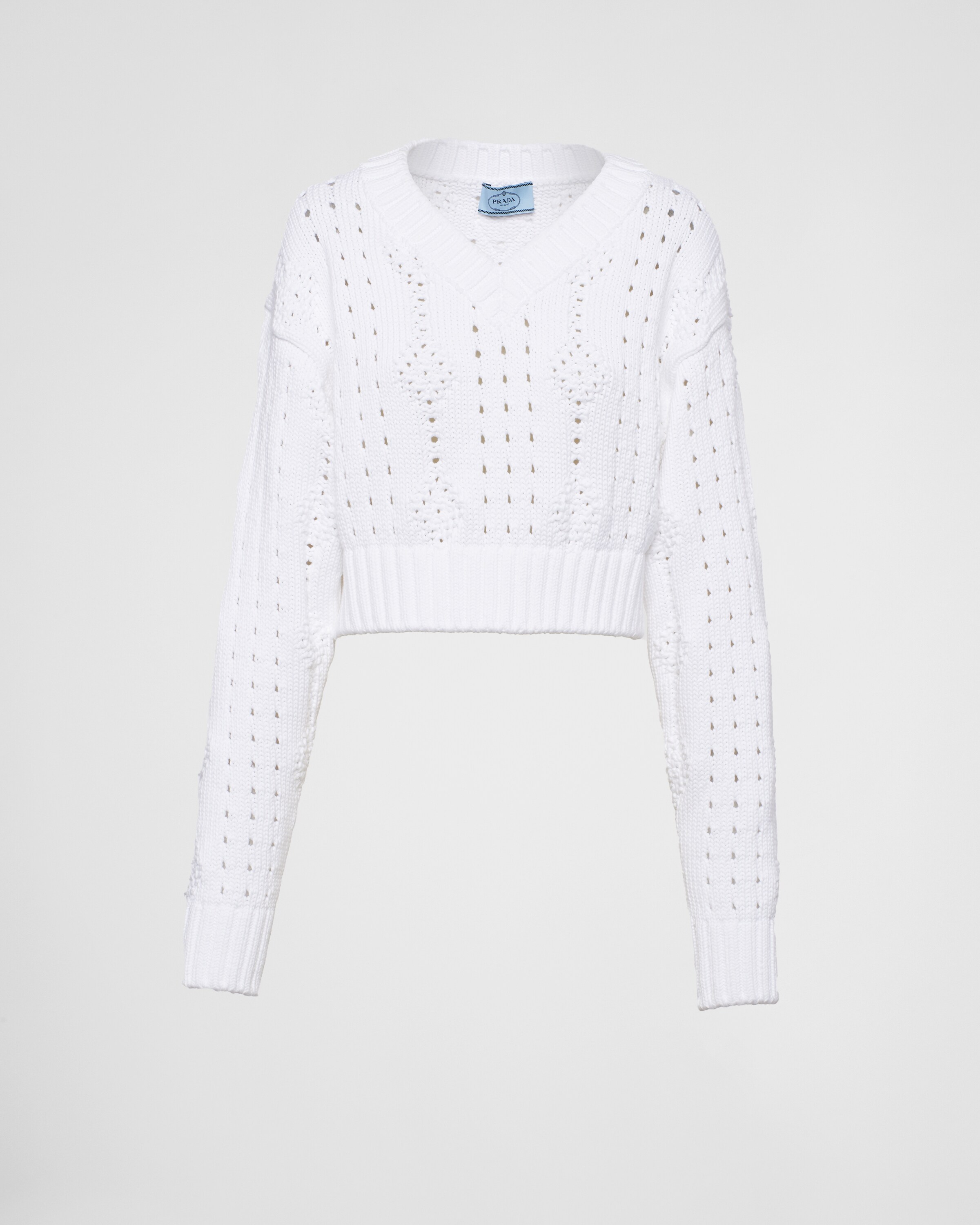 White Cropped V-neck cotton sweater | Prada