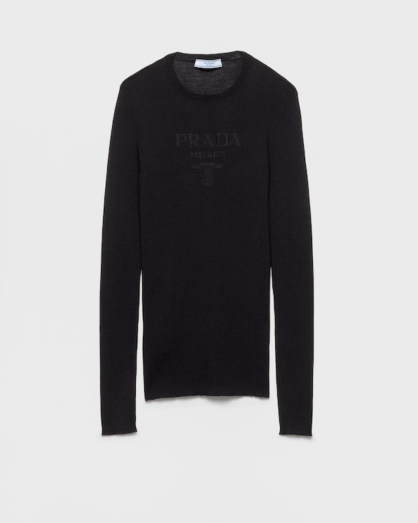 Black Cashmere and wool Prada logo crew-neck sweater | PRADA