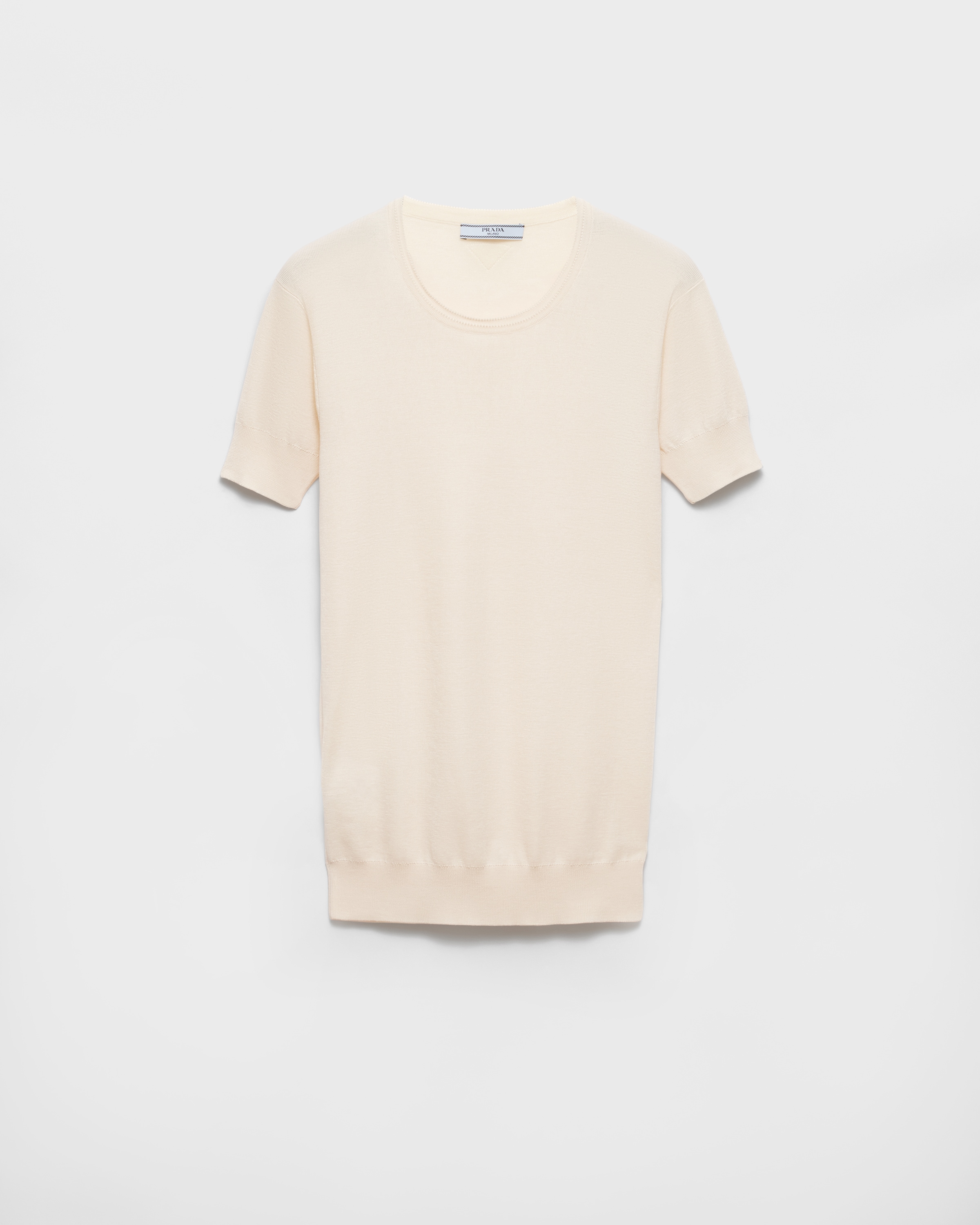 PRADA コットンクルーネックセーター　半袖ニット ホワイト/ベージュ38 ナチュラル シルクxコットン クルーネックセーター | PRADA