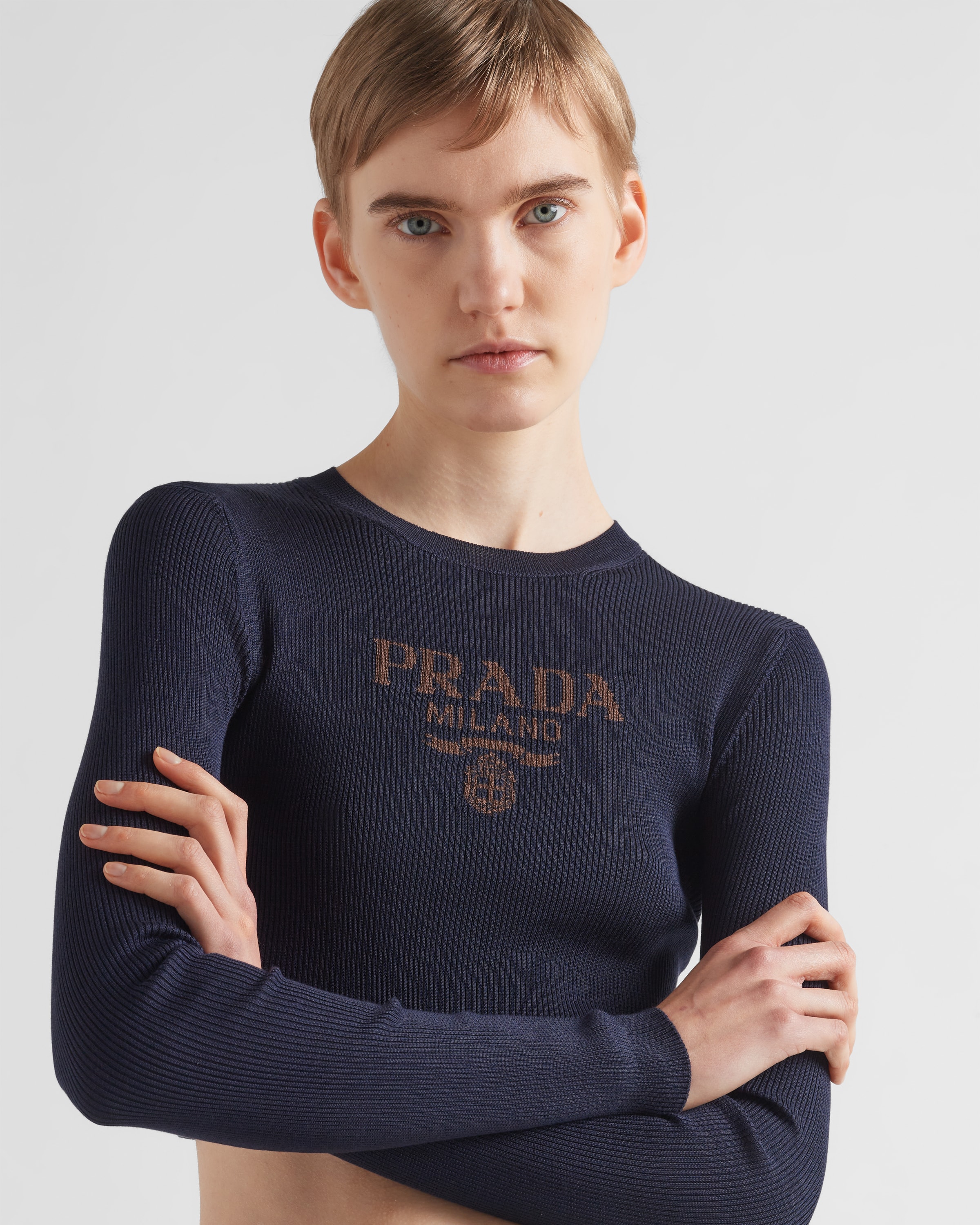 Shop Prada Cropped Silk Sweater With Logo In Navy