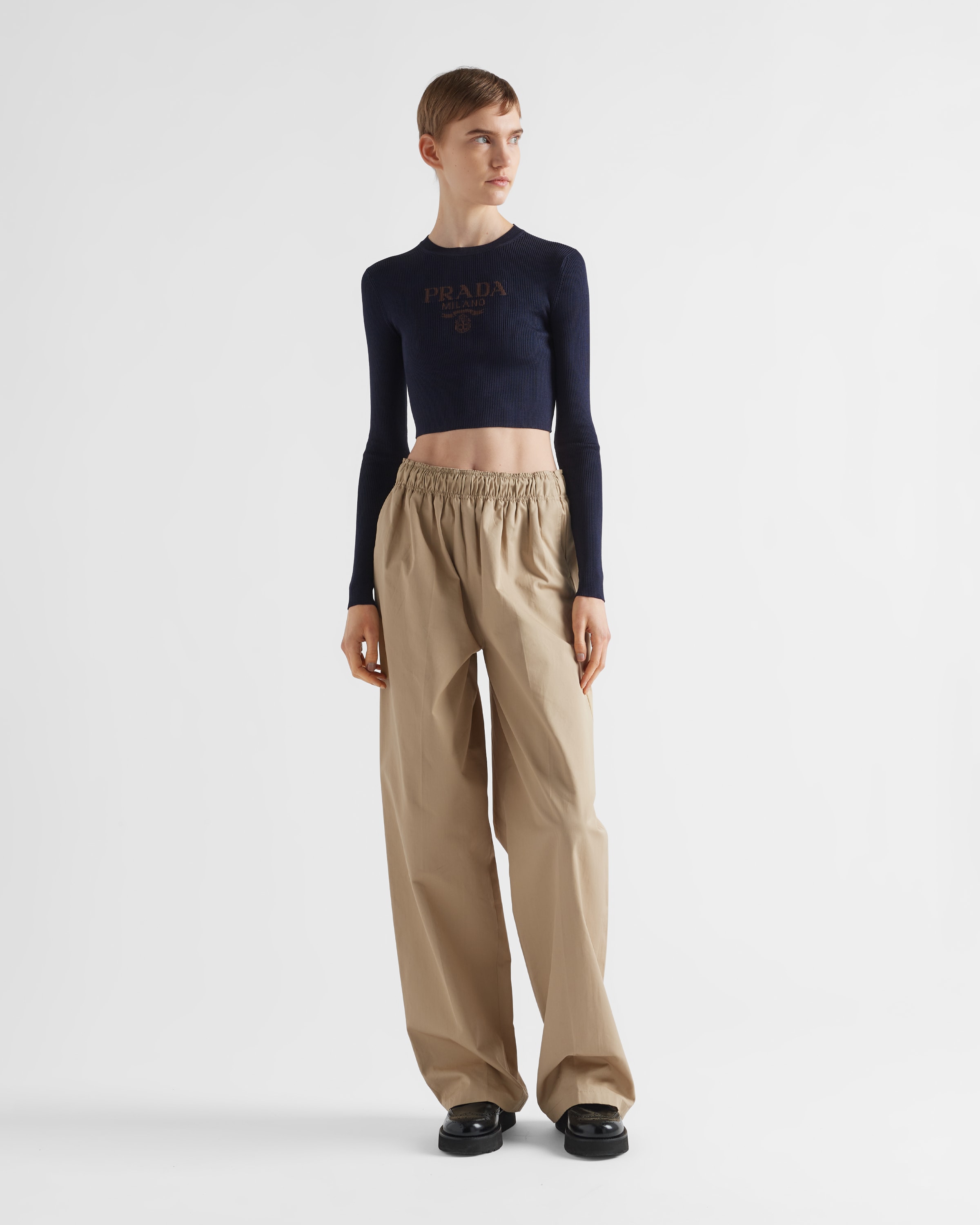 Navy Cropped silk sweater with logo | PRADA