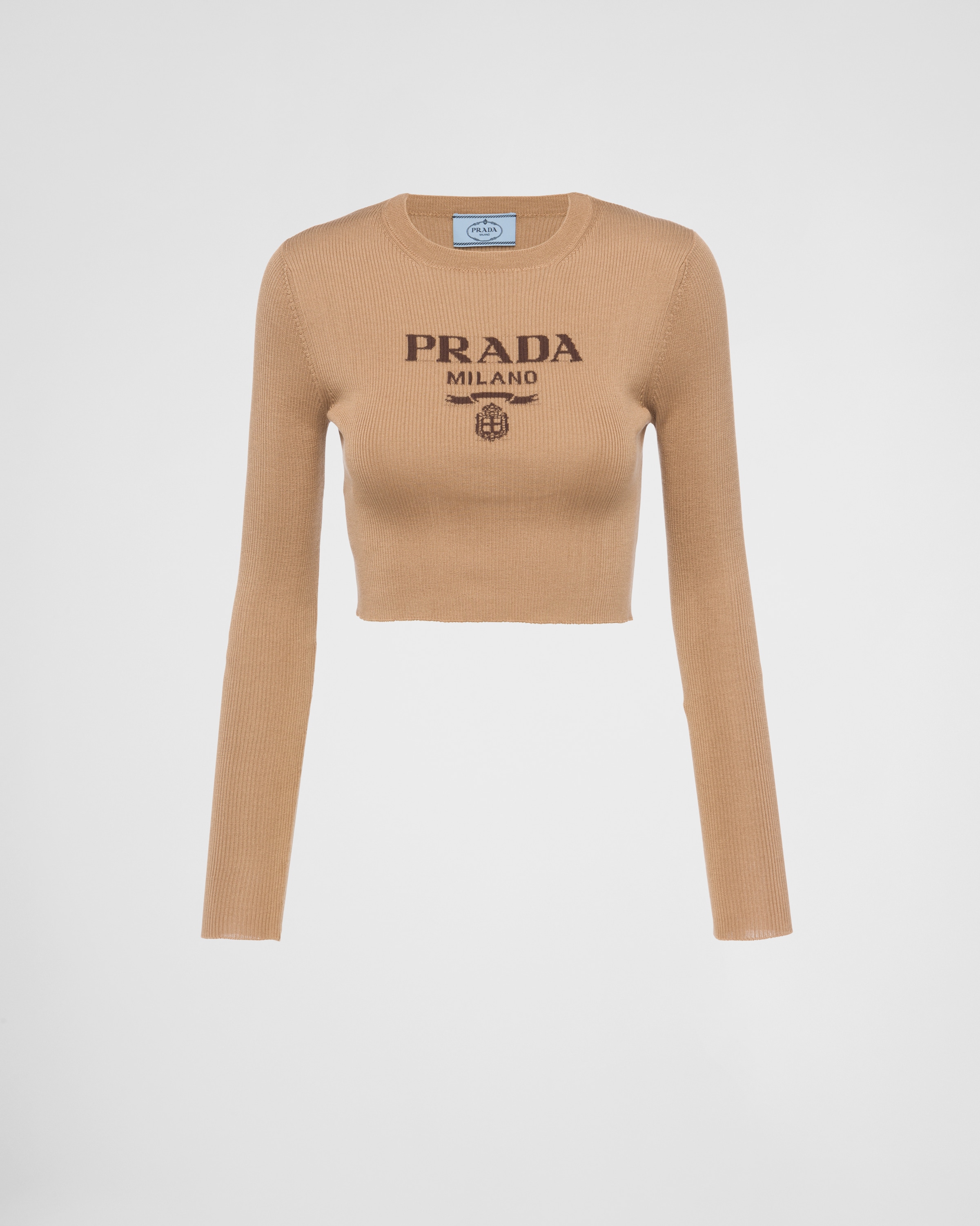Prada Pull Court En Soie Avec Logo, Femme, Marron Camel, Taille 44