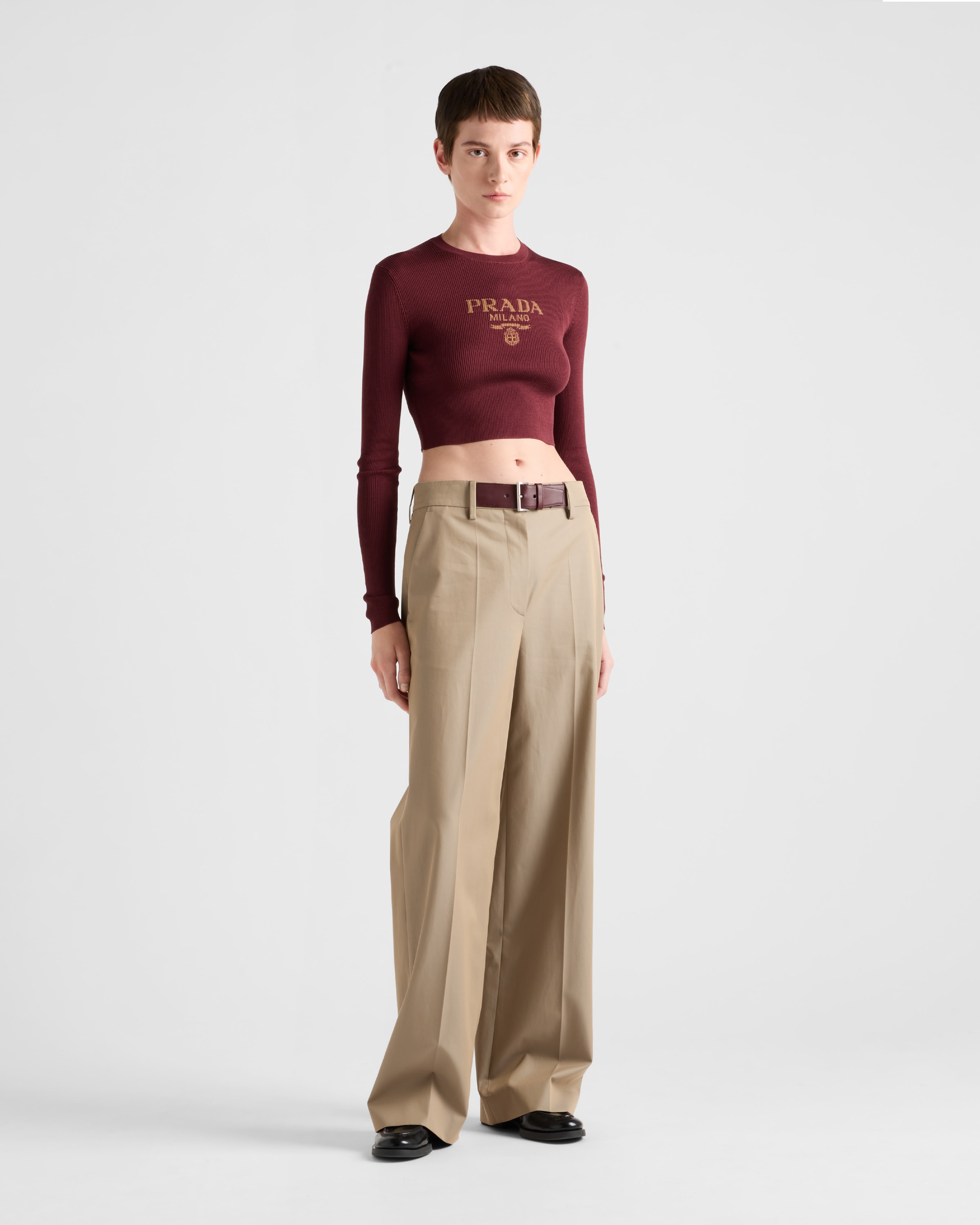 Prada Intarsia-knitted Logo Silk Top In Amaranthrot/maisgelb