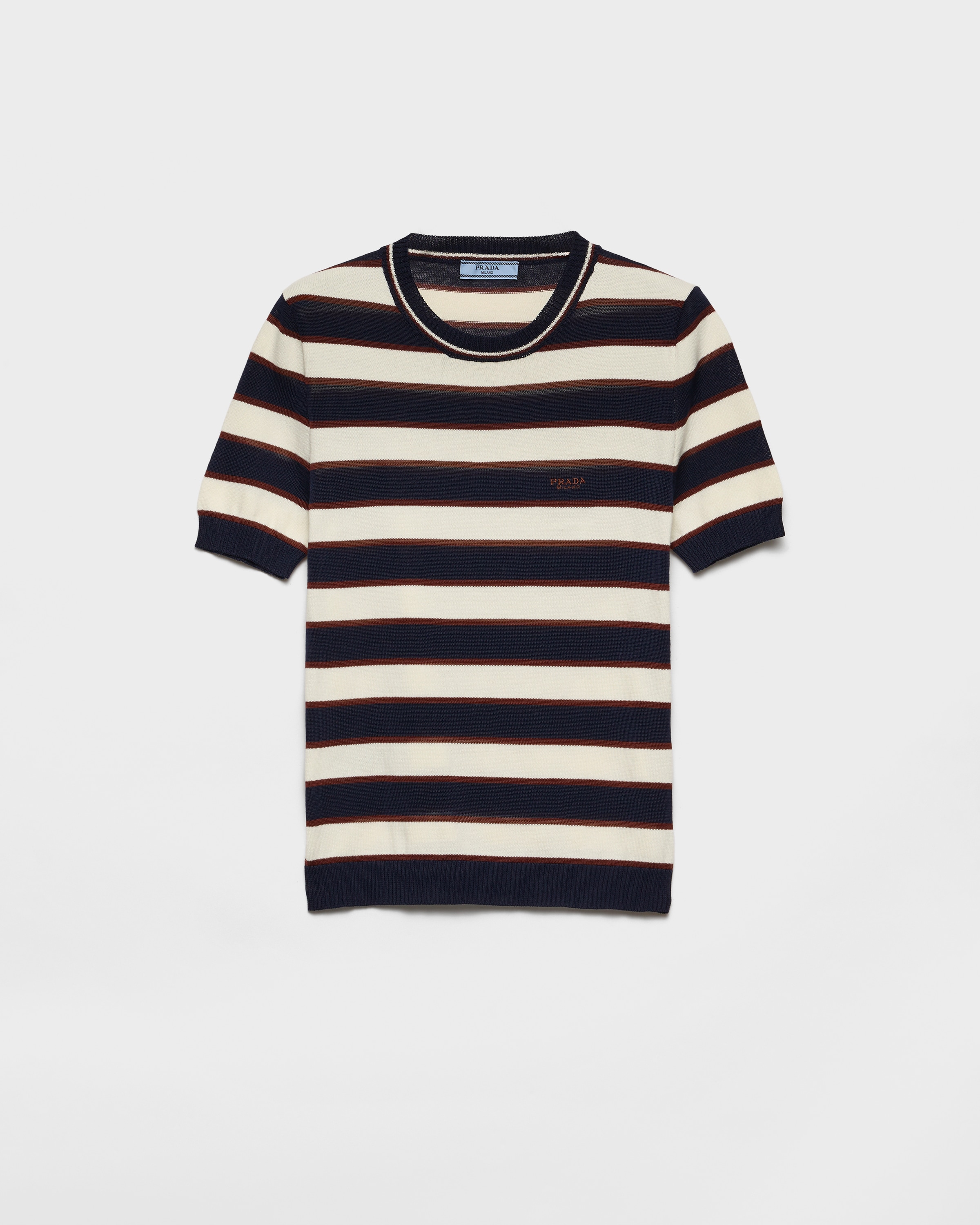 Navy Blue/natural Striped Crew-neck Cotton Sweater | PRADA