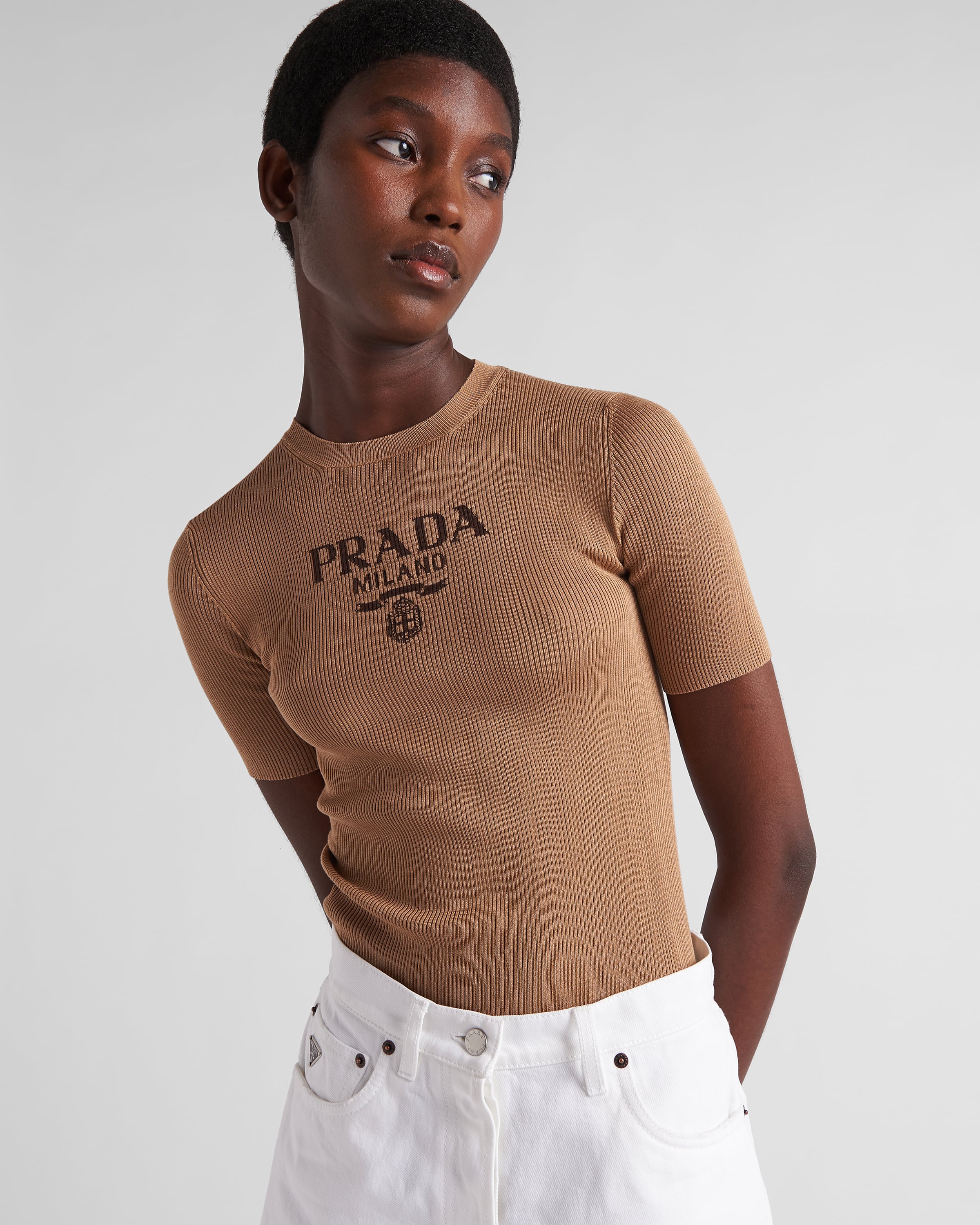 Shop Prada Silk Crew-neck Sweater With Logo In Camel Brown