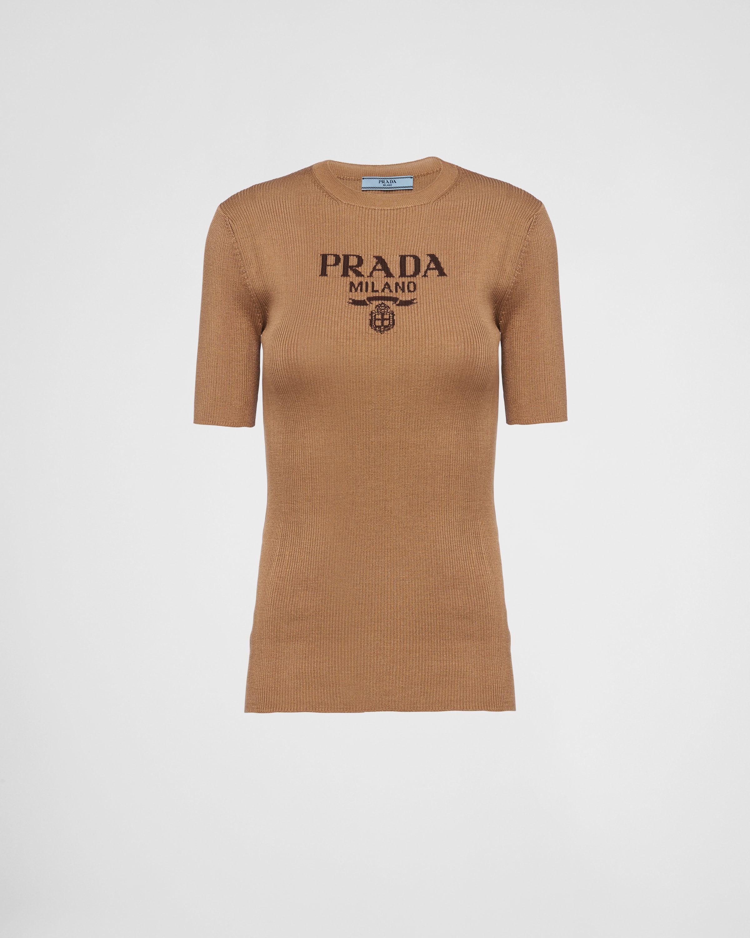 Camel Brown Silk Crew neck Sweater With Logo PRADA