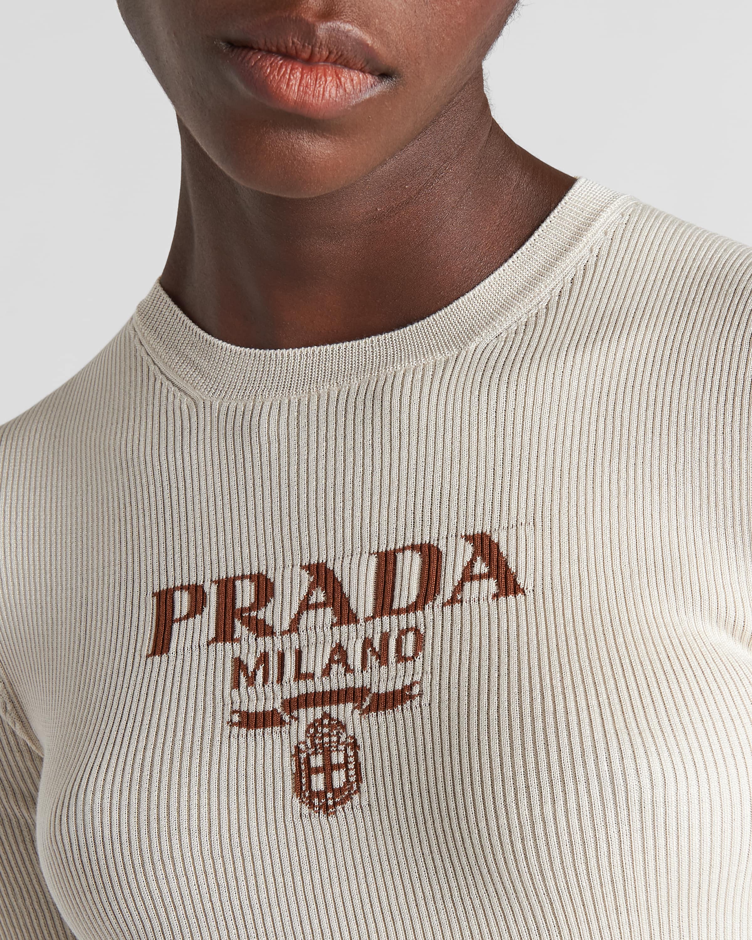 『2年保証』 Ivory PRADA | Logo With Sweater Crew-neck Silk ニット+セーター