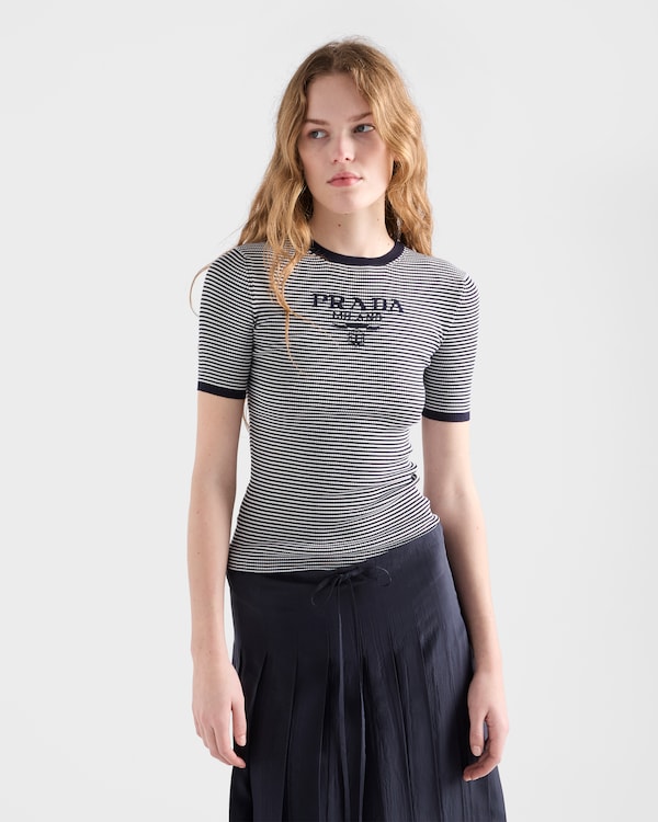 Striped silk crew-neck sweater - Blue/White Striped silk crew-neck sweater - Blue/White