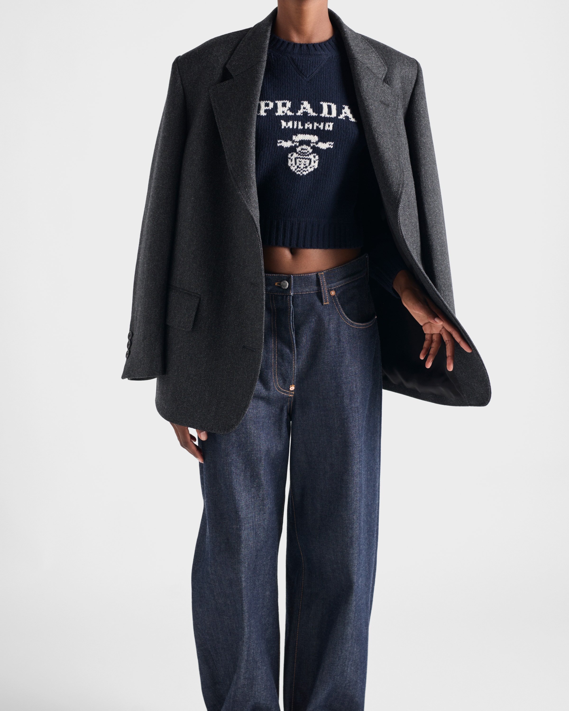 ネイビー ウールxカシミヤ クルーネック セーター | PRADA