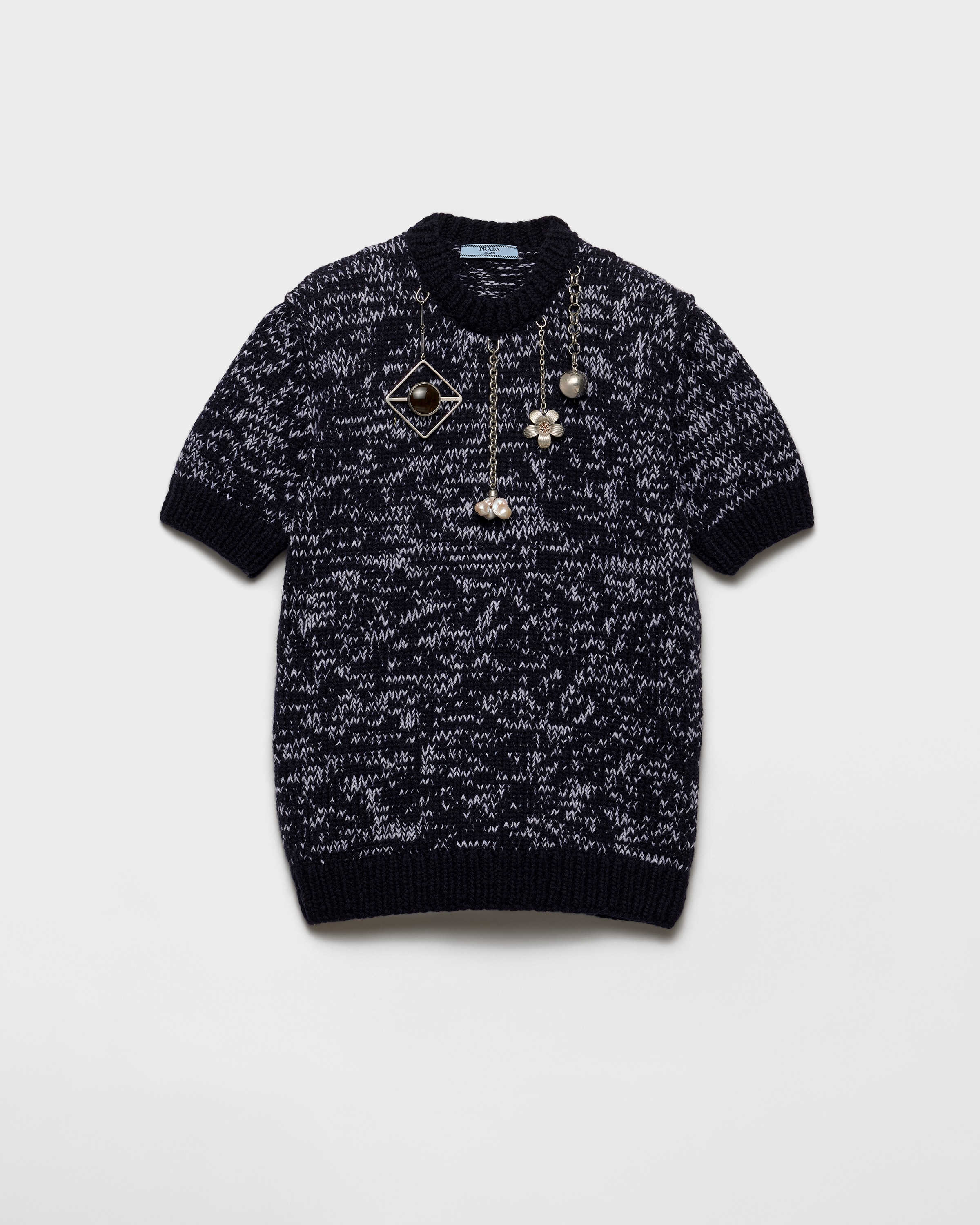 Prada Short-sleeved Wool Sweater With Pendants, Woman, Blue/white, Size 44