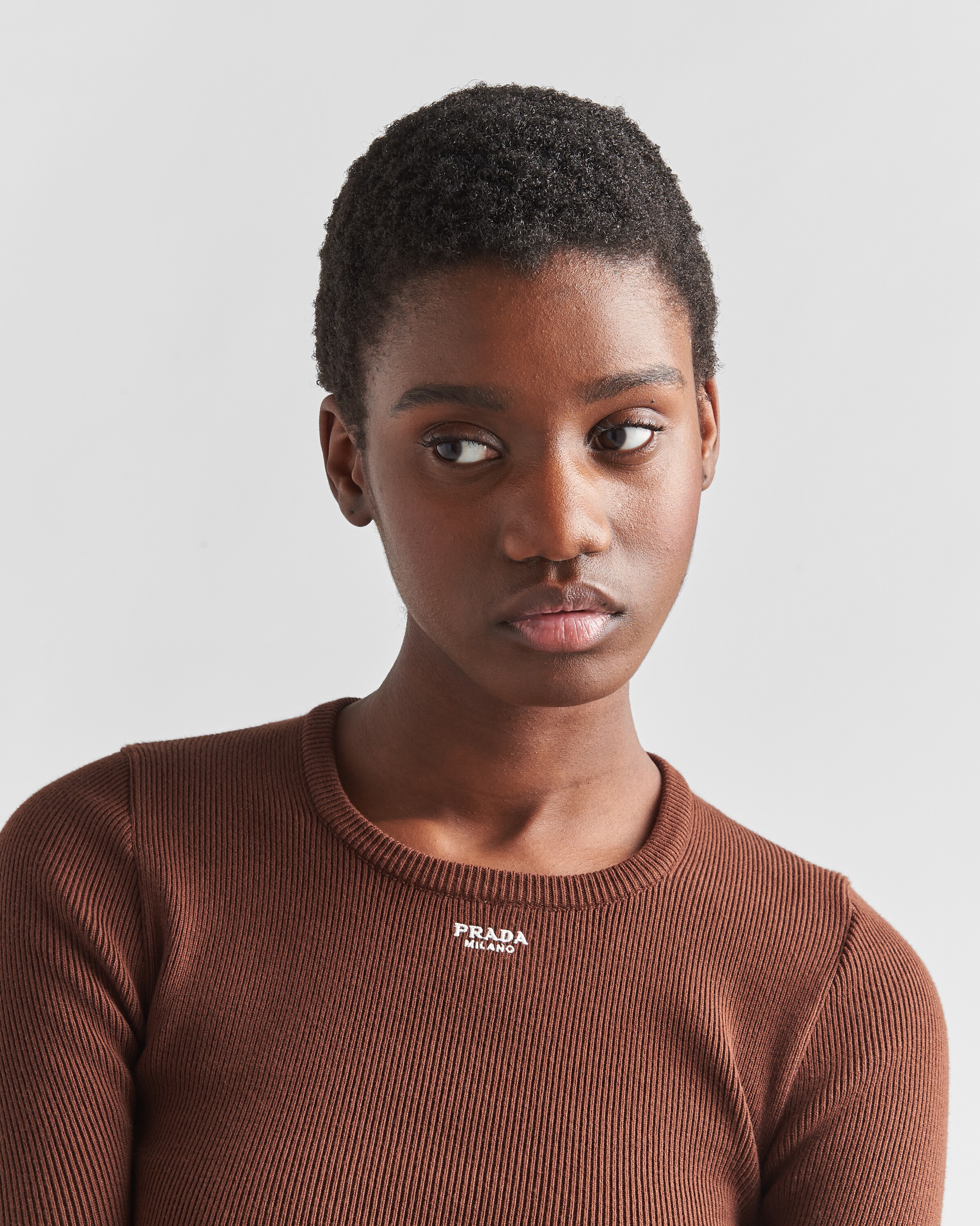 Cocoa Brown Cotton sweater with embroidered logo Prada