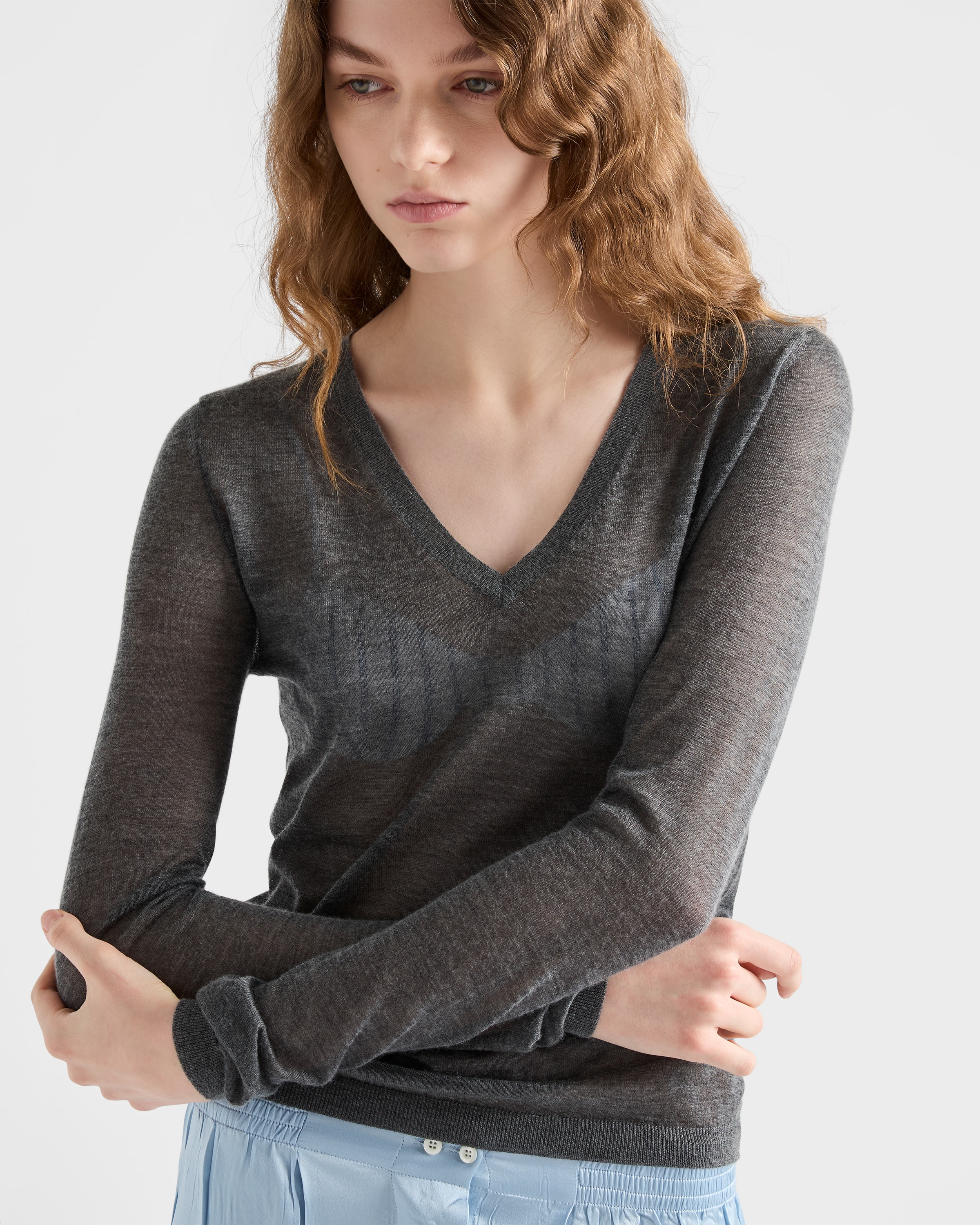 Slate Gray Cashmere and silk V-neck sweater | PRADA