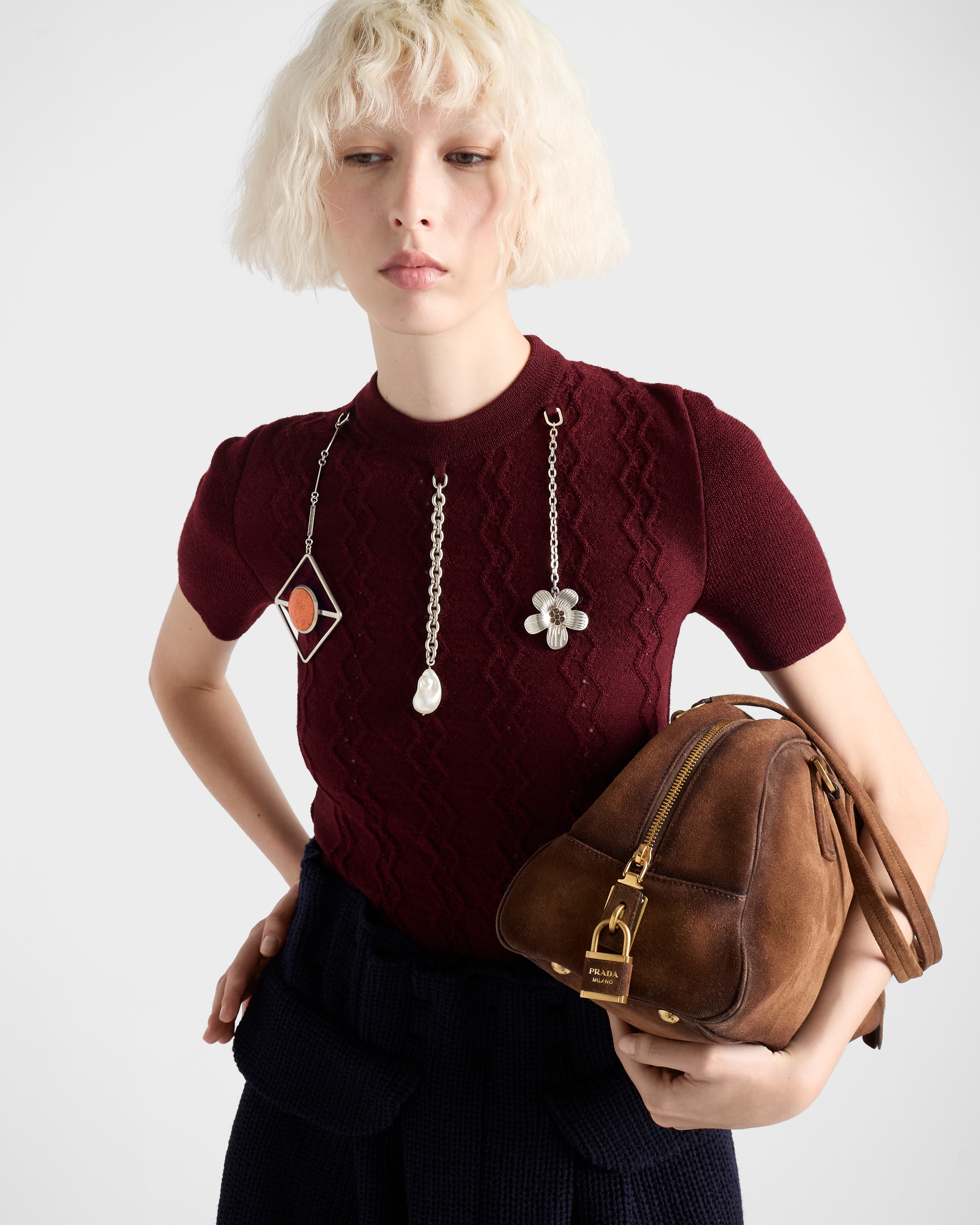 Prada Openwork Motif Wool Sweater With Pendants In Multi